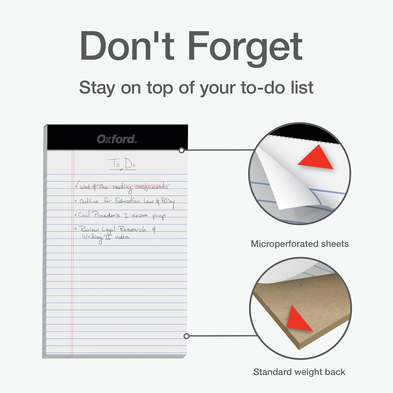 Highlights the physical construction features of the notepad, showing the microperforated sheets for easy tearing and the standard weight backing for stability, reassuring shoppers about the…