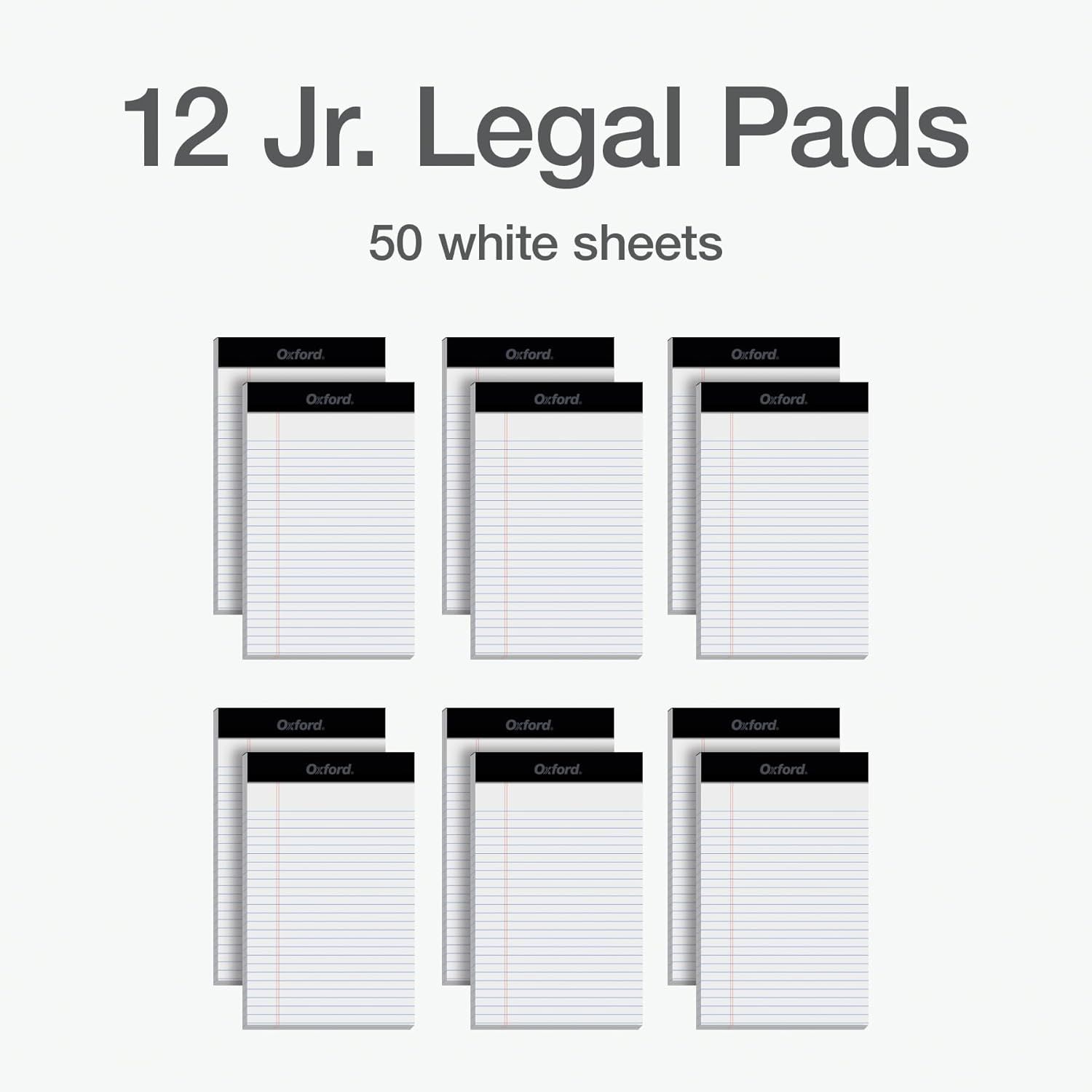Shows the customer exactly what they will receive in the package: 12 junior legal pads with 50 white sheets each, helping them understand the quantity and contents of the bundle.