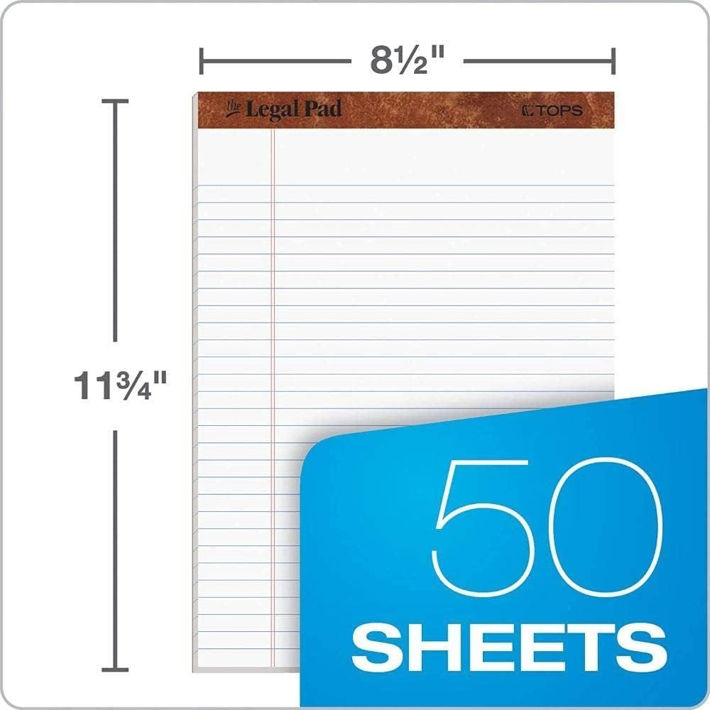 Communicates the exact physical dimensions of the legal pad (8½ inches by 11¾ inches) and the quantity included (50 sheets) to help shoppers understand the product size and value. Highlights the…