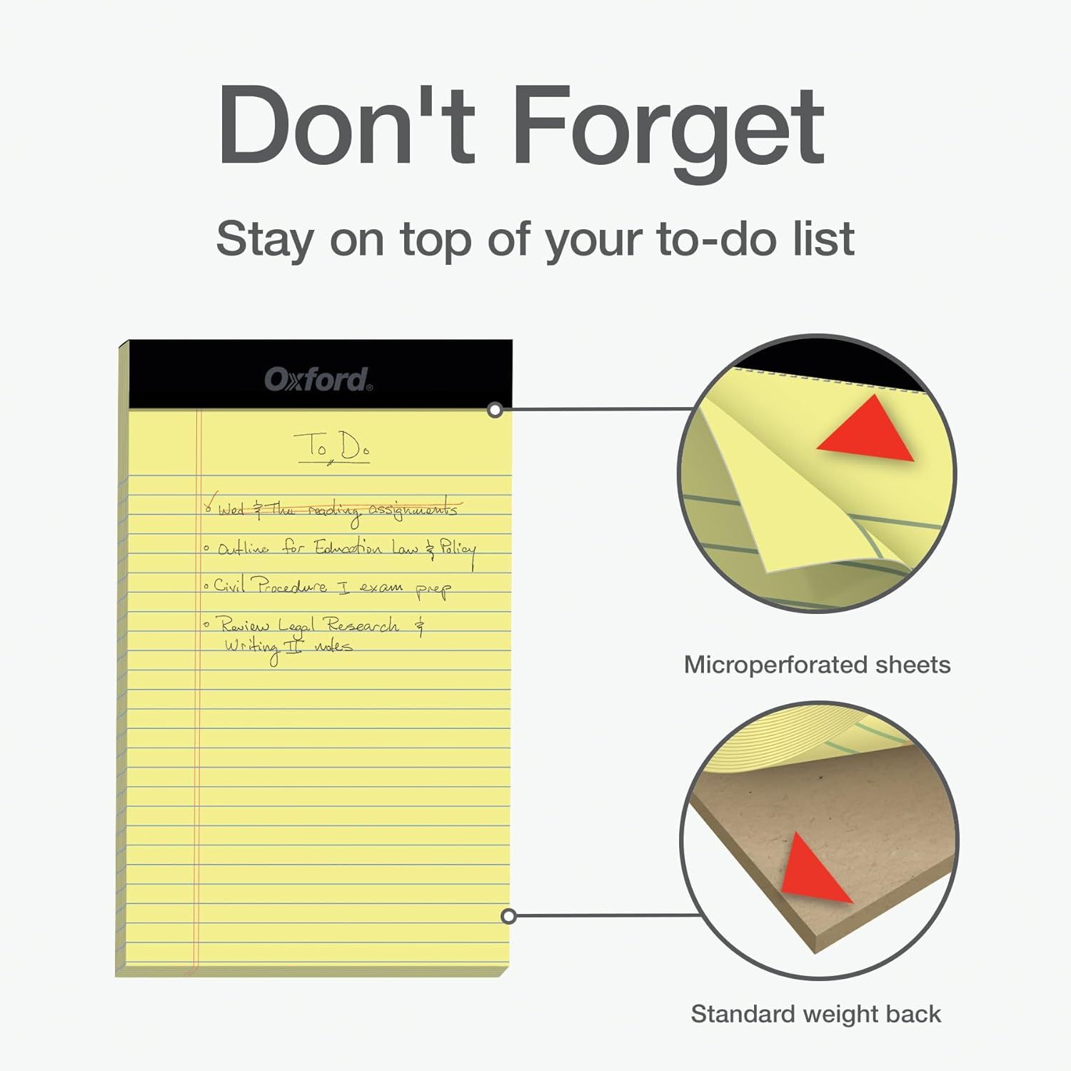 Highlights the physical construction features of the notepad, showing the microperforated sheets for easy tearing and the standard weight backing for stability, reassuring shoppers about the…