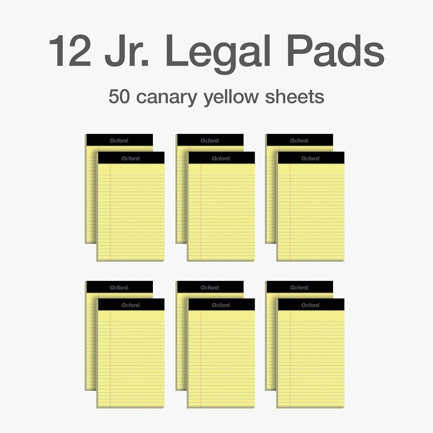 Shows the customer exactly what they receive in the package: 12 junior legal pads with 50 canary yellow sheets each, helping them understand the bundle quantity and value.