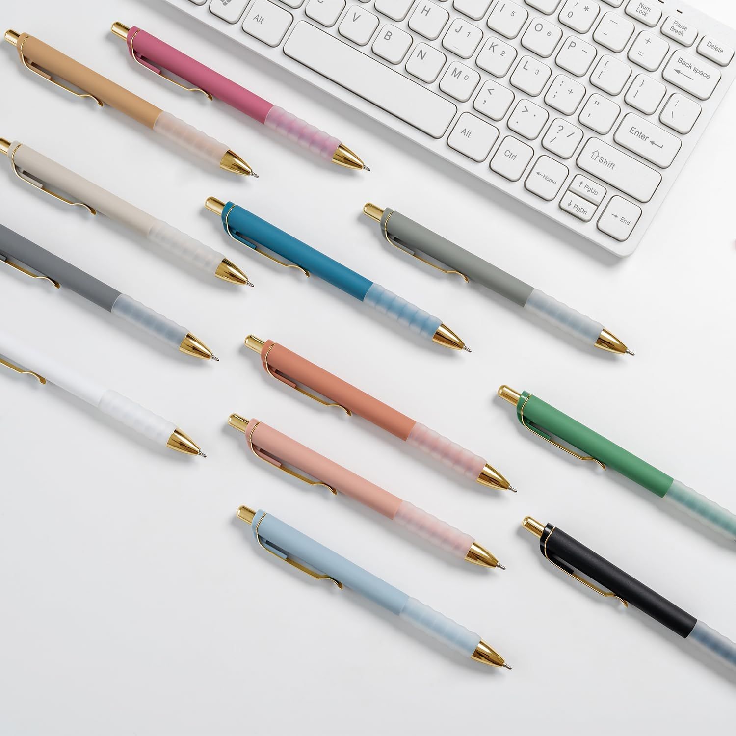 Showcases the brand's product lineup by displaying multiple color options available for the pen, helping shoppers understand the variety and choose their preferred style.