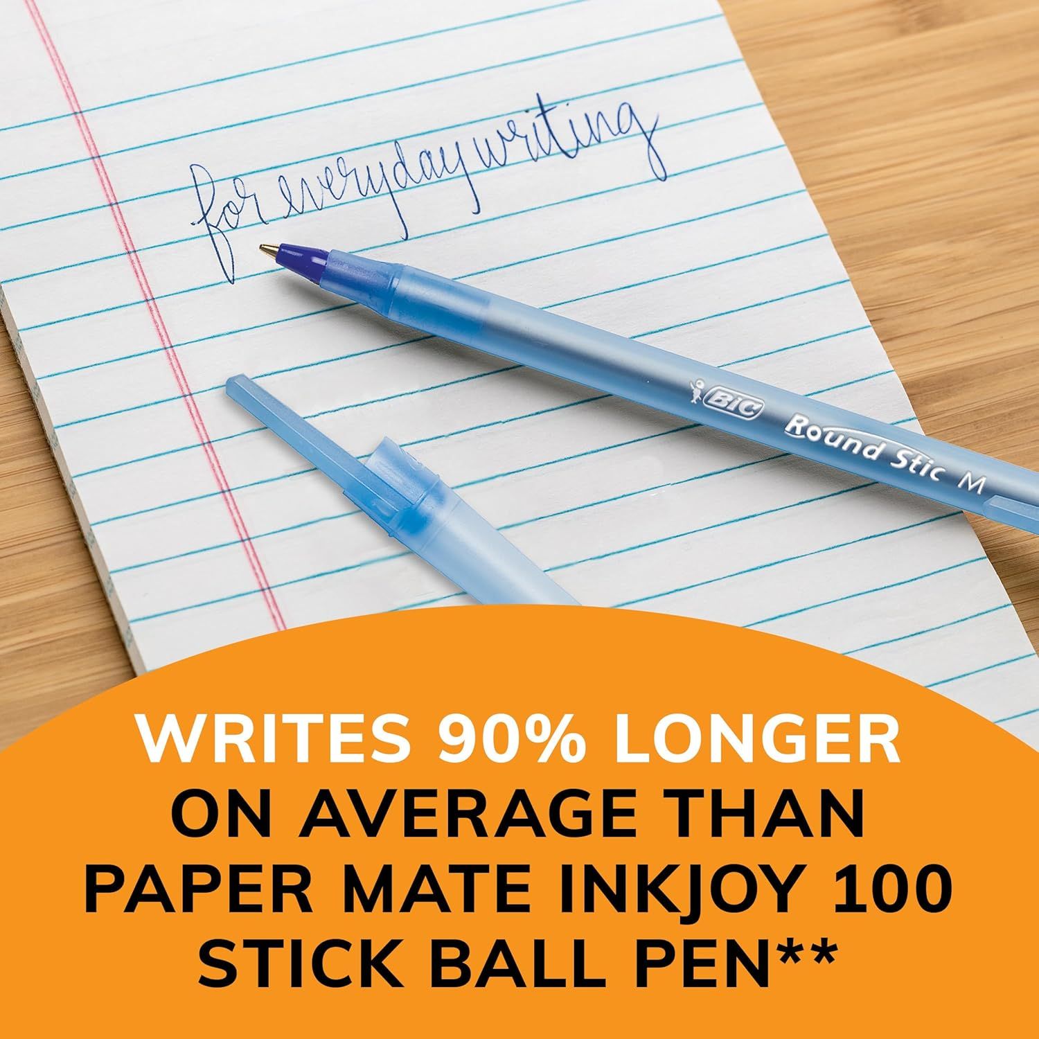 Communicates that the pen writes 90% longer than a competitor product, emphasizing superior value and performance. Directly compares the product to a named competitor to demonstrate superiority in…