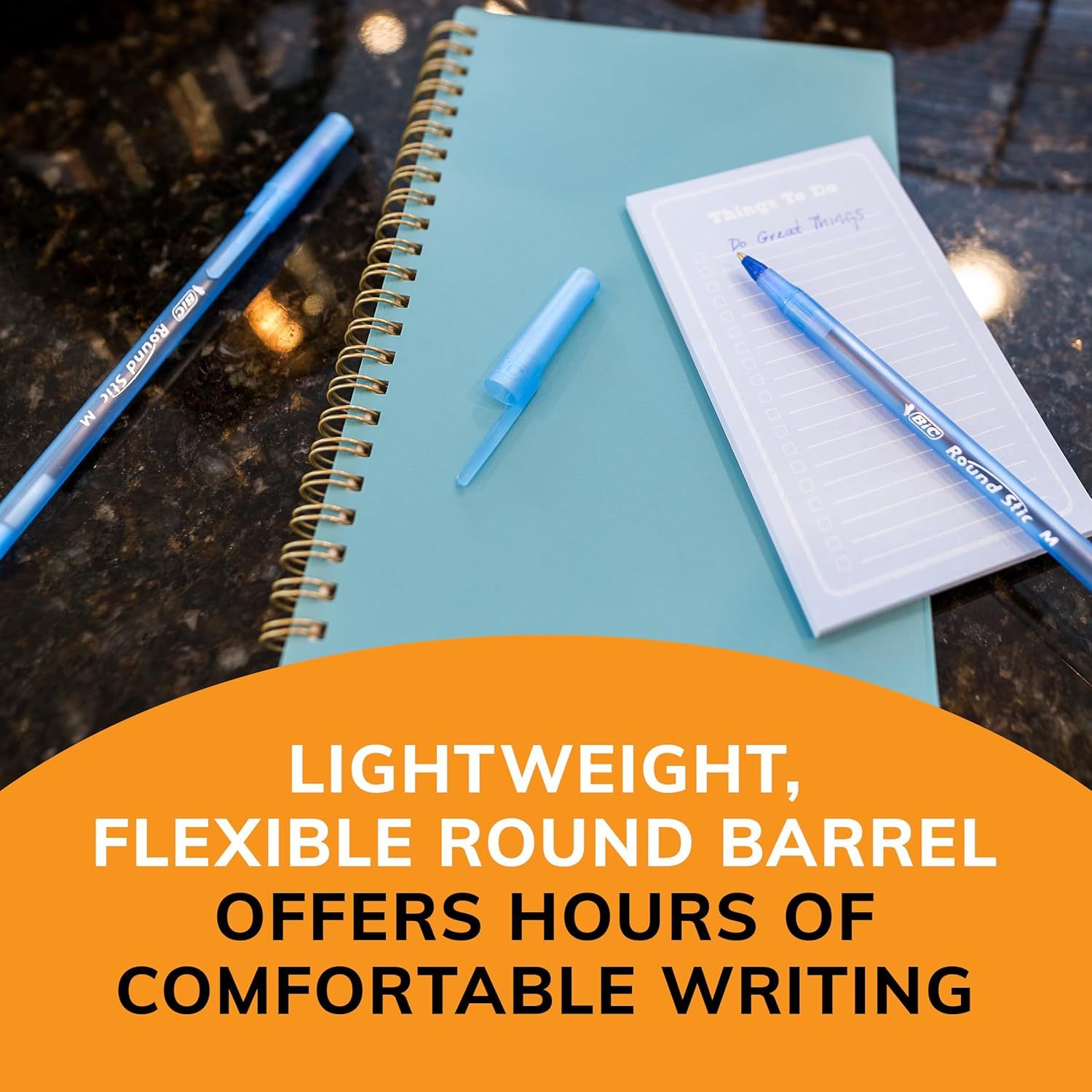 Communicates the pen's ergonomic design and comfort benefits to reassure shoppers that the product enables extended, fatigue-free writing sessions.