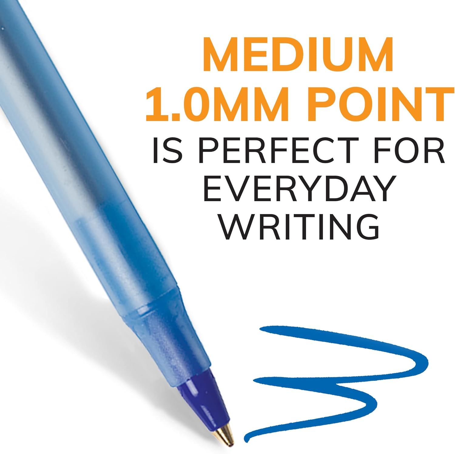Highlights the pen's medium 1.0mm point size as ideal for everyday writing, reassuring shoppers about its versatility and suitability for general use.