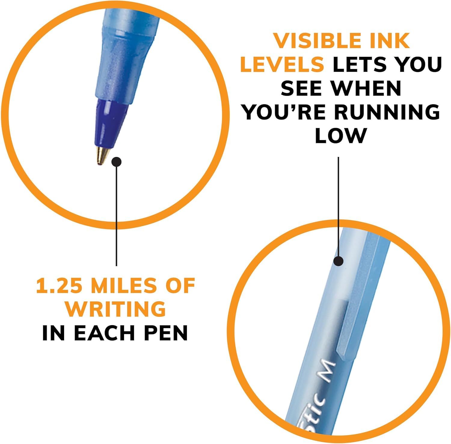 Communicates the pen's impressive writing capacity to reassure shoppers of its long-lasting value and durability. Highlights the visible ink level feature that allows users to monitor when the pen…