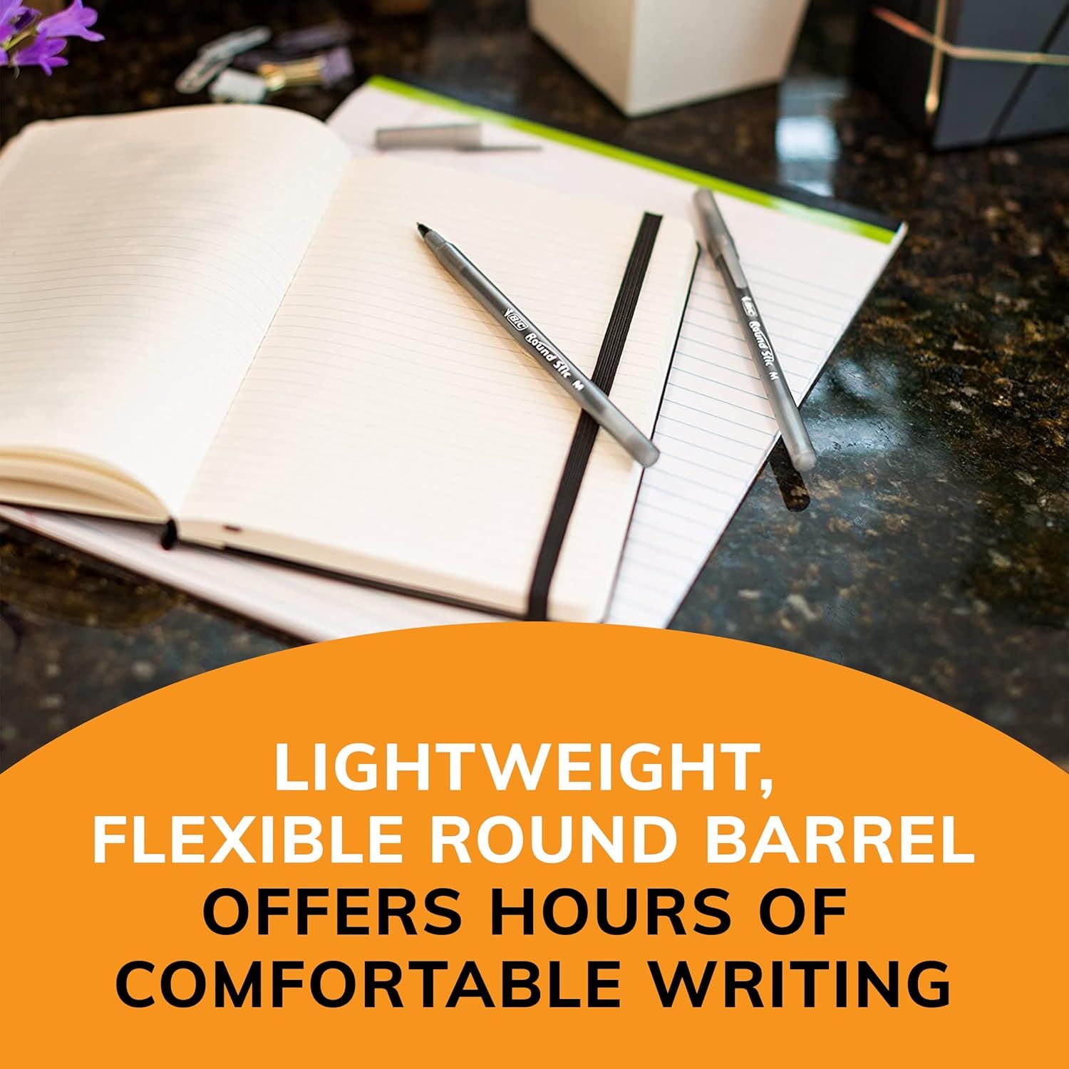 Communicates the pen's ergonomic design and comfort benefit, emphasizing the lightweight and flexible barrel that enables extended comfortable writing sessions.