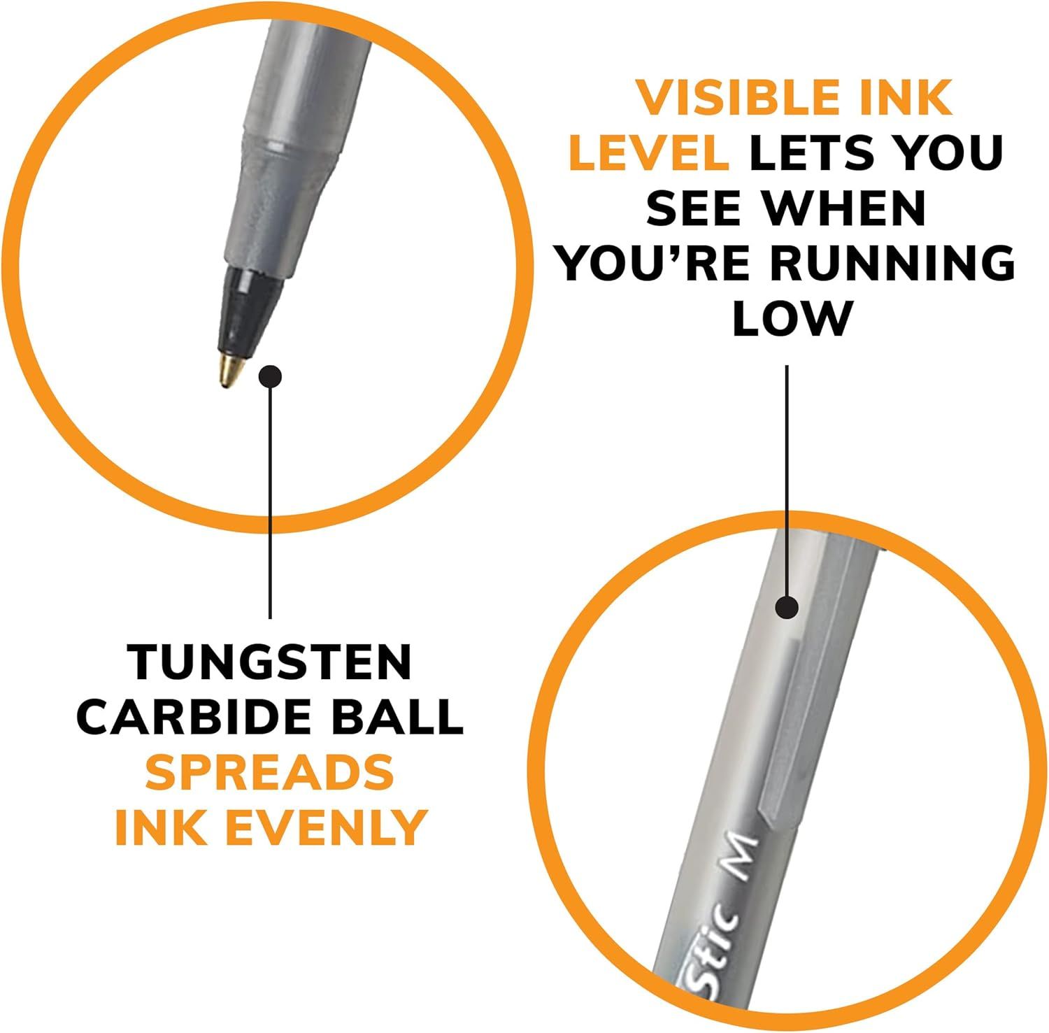 Highlights two key physical features of the pen: the tungsten carbide ball that ensures even ink distribution and the visible ink level window that lets users monitor when they're running low.
