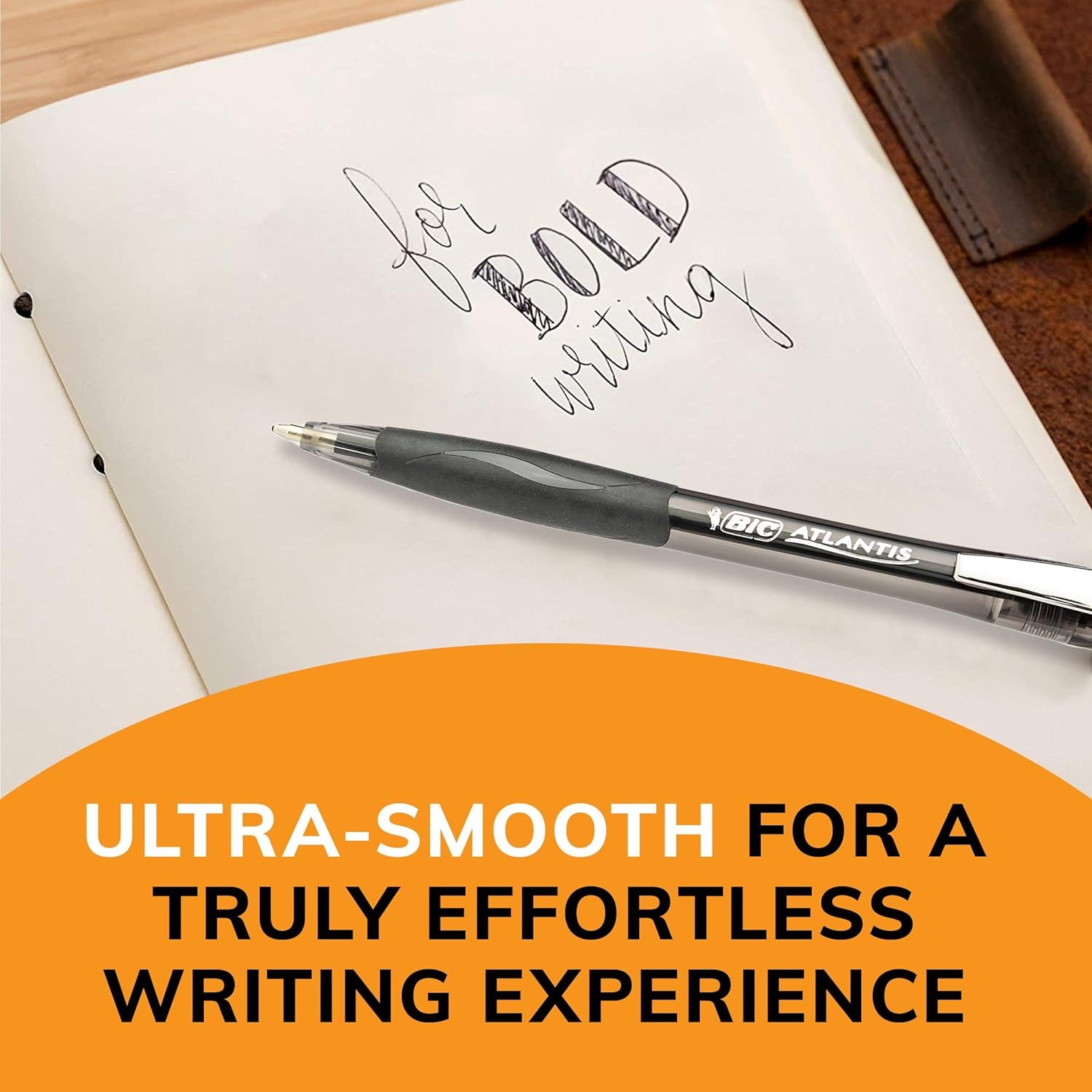 Communicates the pen's smooth writing performance to reassure shoppers that it provides an effortless, comfortable writing experience.