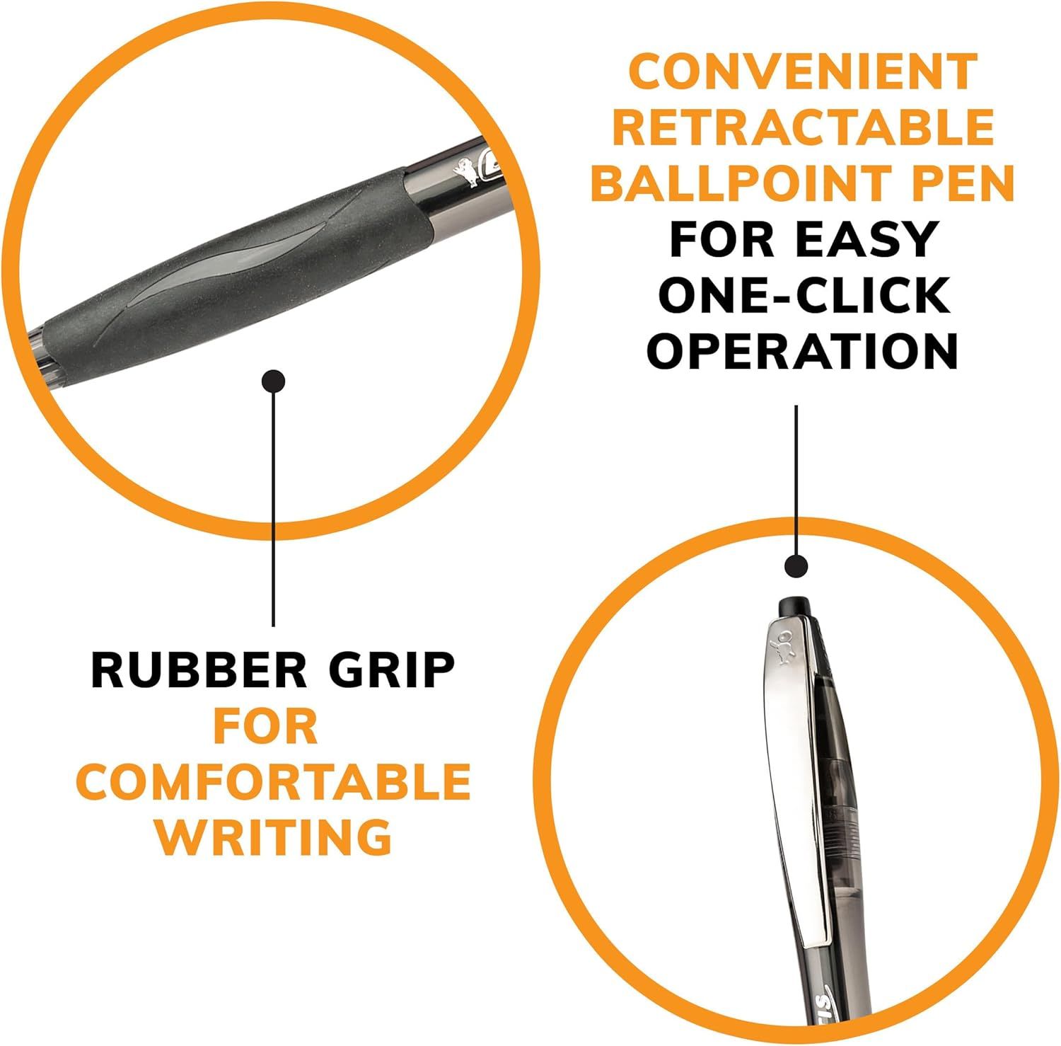 Highlights two distinct product benefits in a segmented layout: the convenient one-click retractable mechanism and the comfortable rubber grip for extended writing.