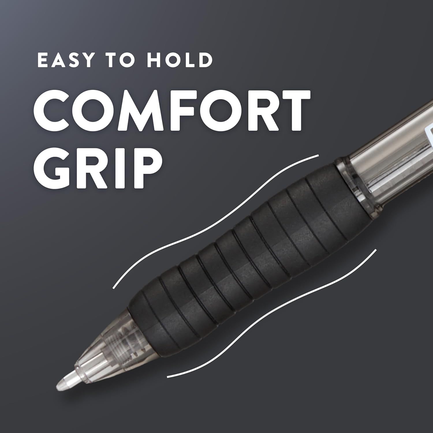 Highlights the ergonomic grip design of the pen to communicate ease of use and comfort during writing. Communicates the primary benefit of comfortable handling to reassure shoppers that the pen is…