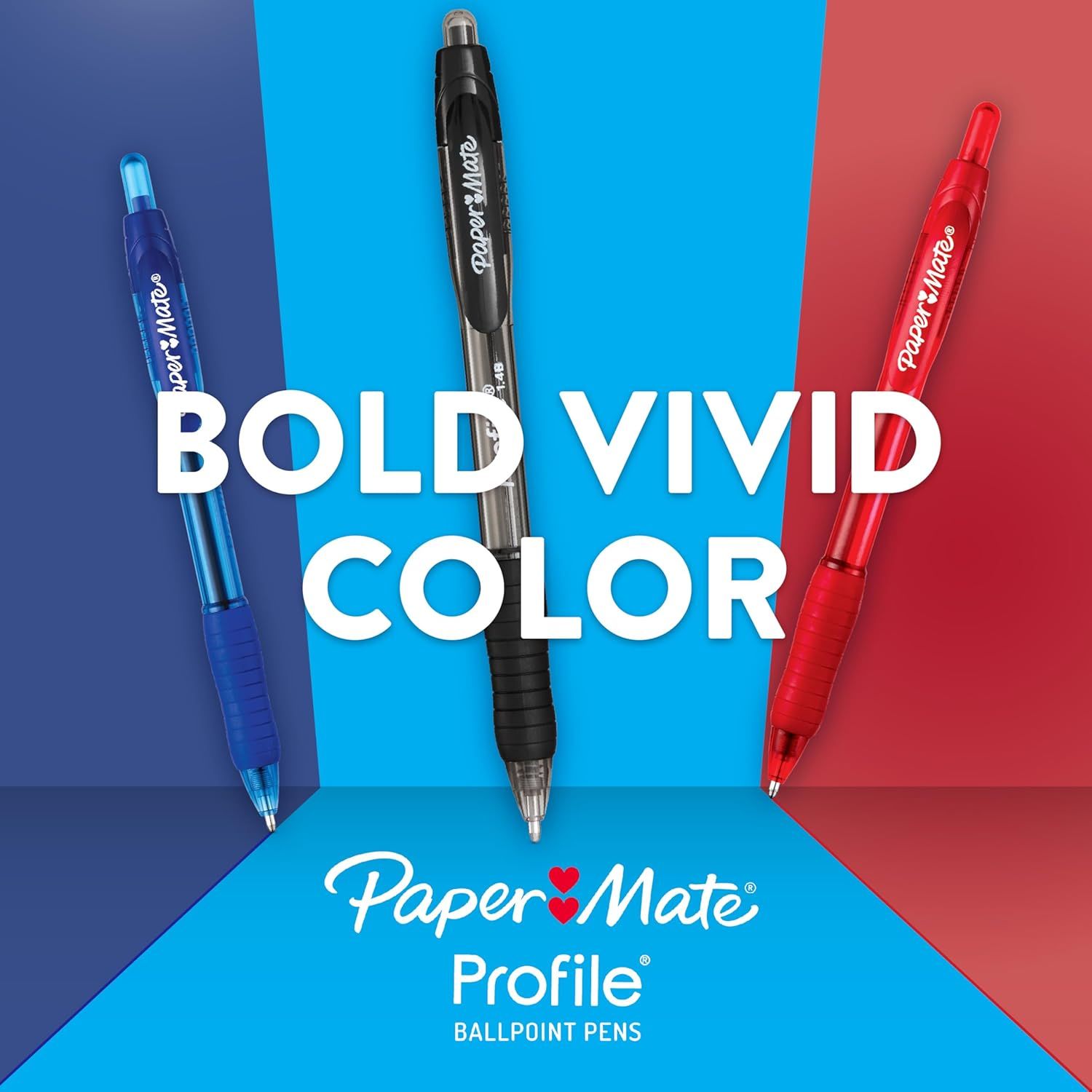 Showcases the Paper Mate Profile ballpoint pen product line in multiple bold, vivid colors to communicate brand identity and available color options to shoppers.
