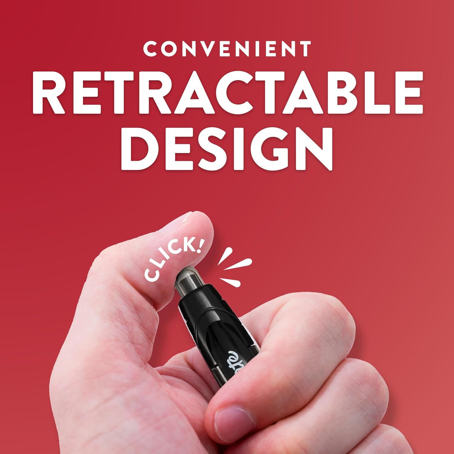 Highlights the convenient retractable mechanism of the product, demonstrating ease of use with a simple click action to reassure shoppers of its user-friendly design.