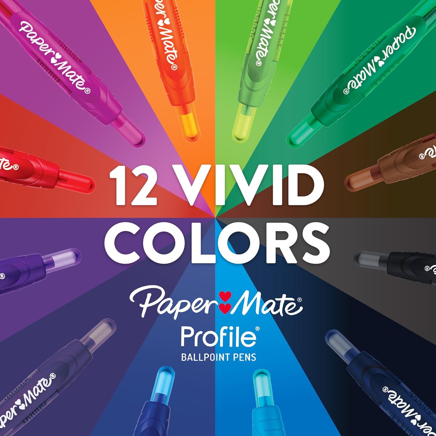 Showcases the Paper Mate Profile ballpoint pen product line with emphasis on the 12 vivid color options available, helping shoppers understand the variety and brand identity.
