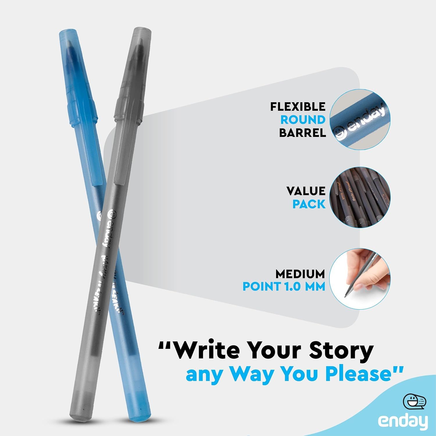 Communicates multiple distinct product features in a segmented layout with circular callouts, highlighting the pen's flexible barrel design, value pack offering, and medium point size to help…