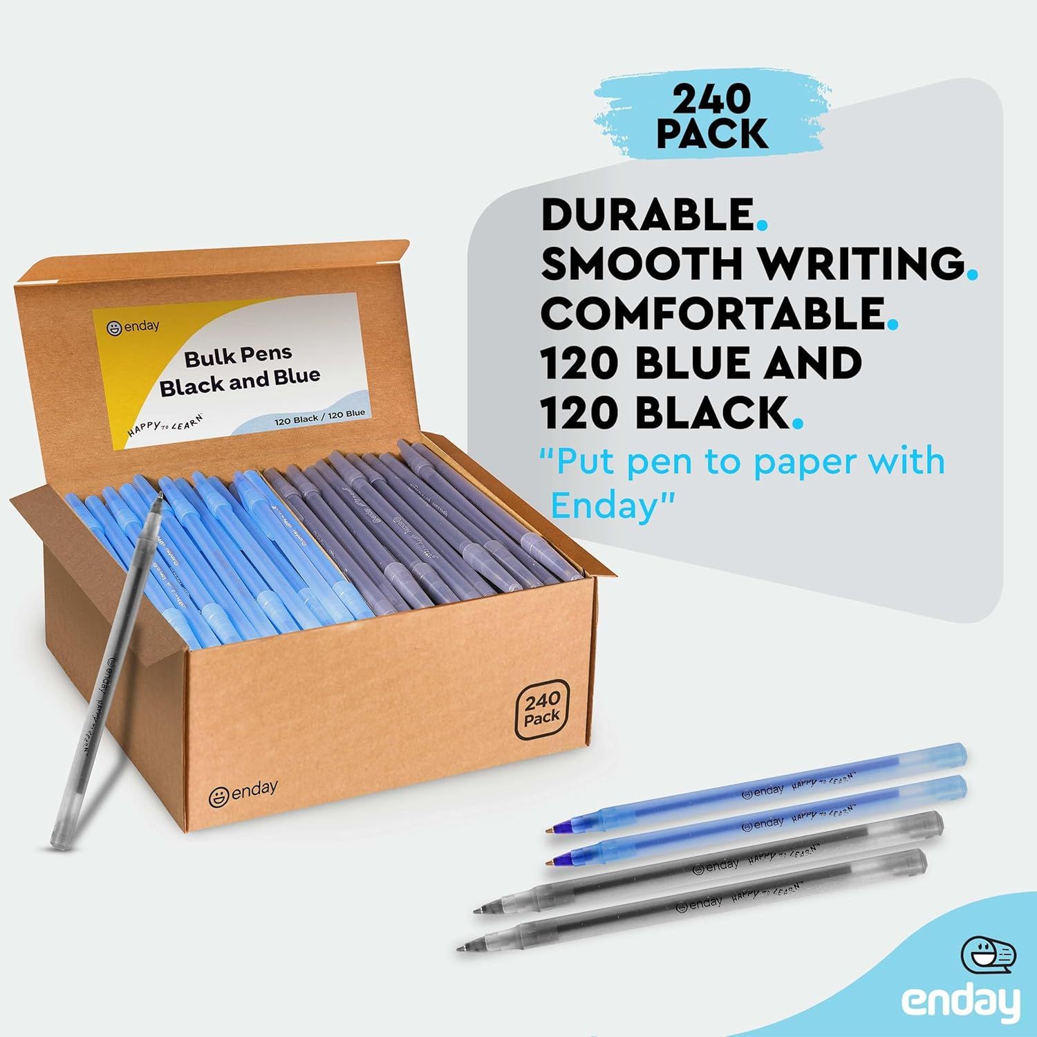 Communicates multiple selling benefits of the bulk pen pack including durability, smooth writing experience, comfort, and the value of a large 240-piece quantity split between blue and black pens.
