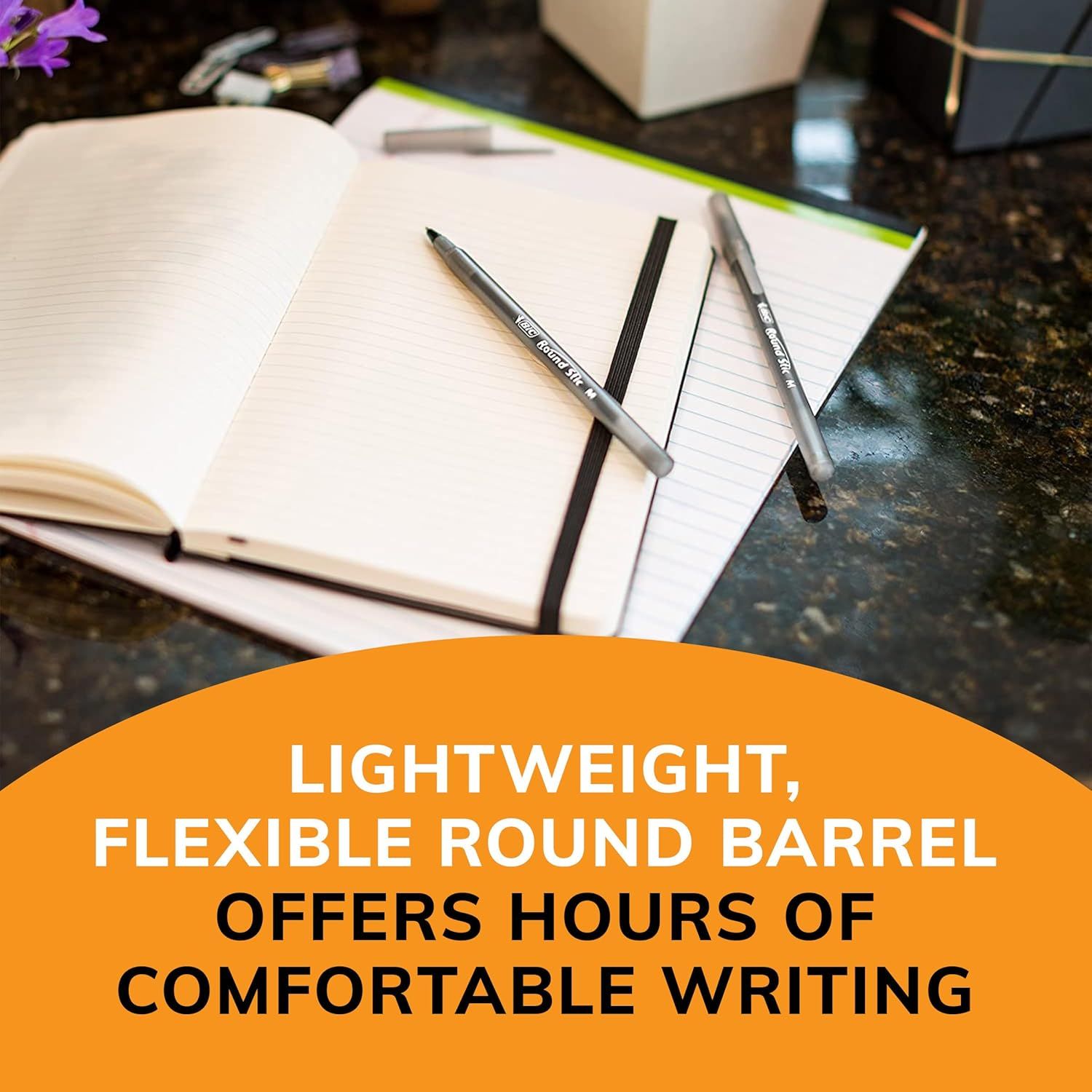 Communicates the pen's lightweight and flexible barrel design to reassure shoppers that it provides comfortable, extended writing sessions.