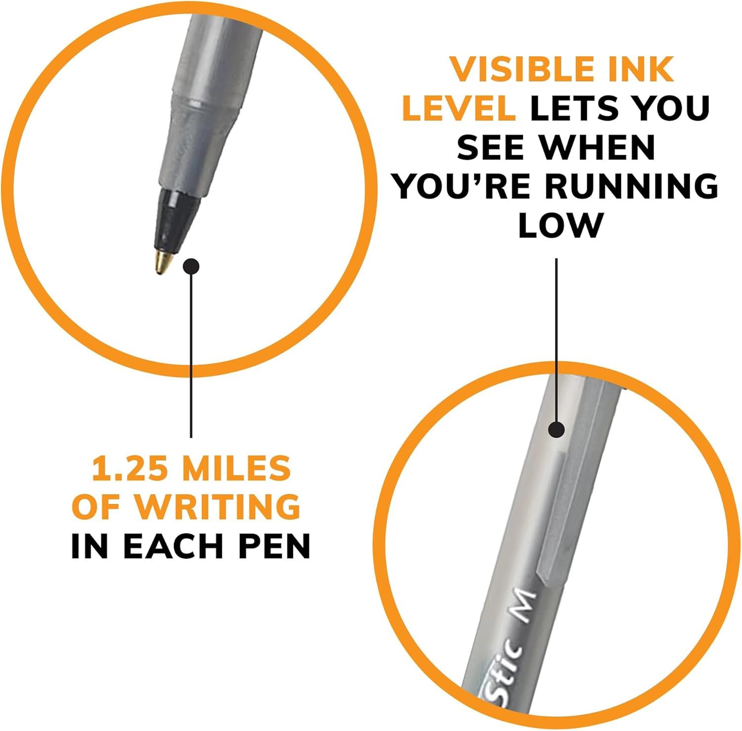 Highlights two key features of the pen: the visible ink level that allows users to see when they're running low, and the 1.25 miles of writing capacity per pen.