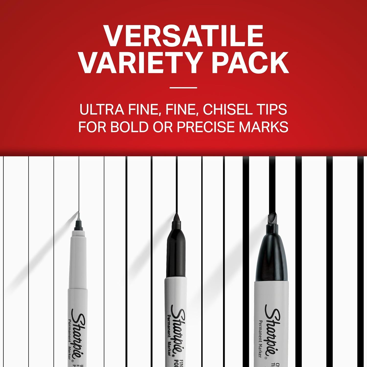 Communicates that the product includes multiple marker tip options (ultra fine, fine, chisel) in one variety pack, helping shoppers understand the versatility and value of what they receive.