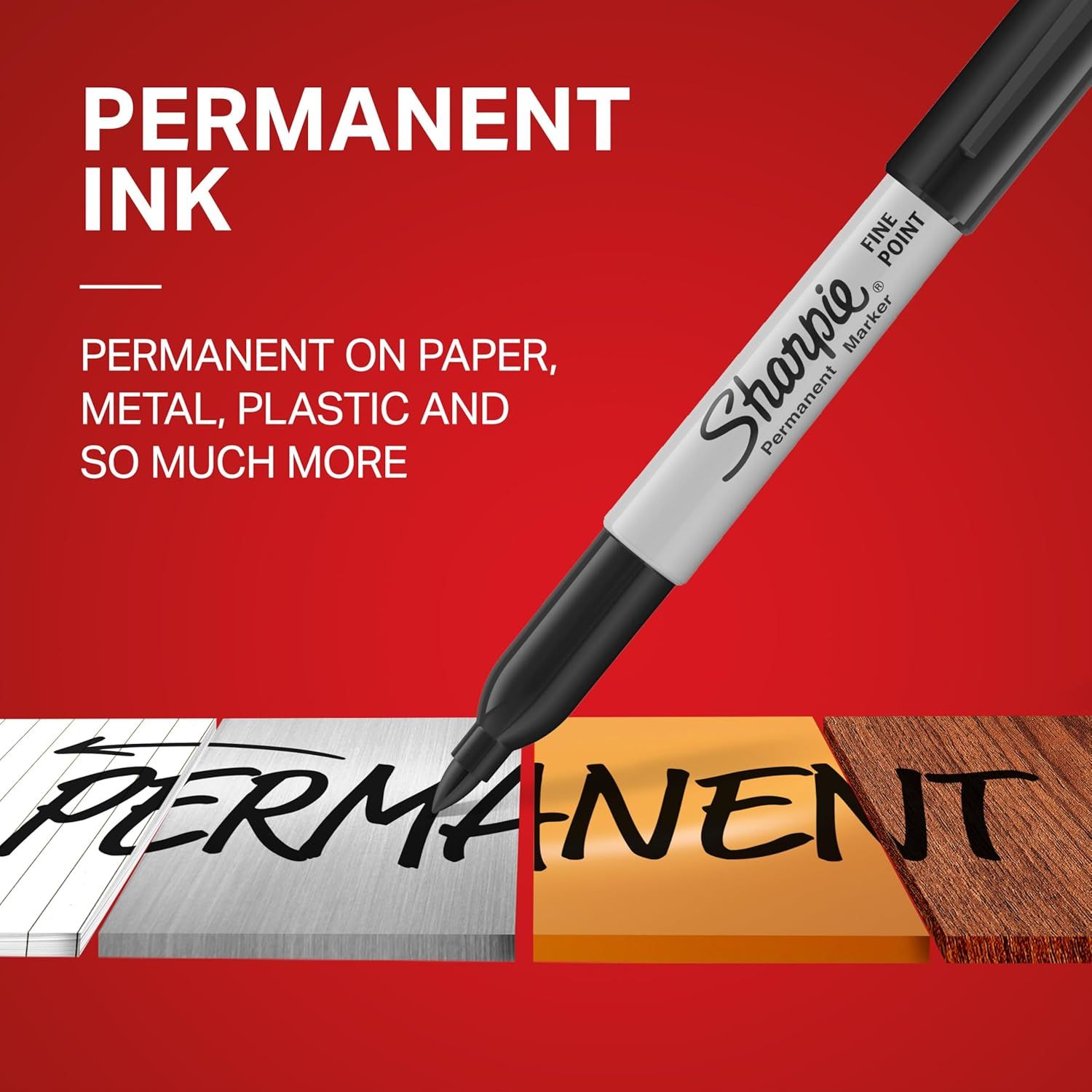 Demonstrates the marker's versatility by showing it works on multiple surfaces including paper, metal, plastic, and wood, reassuring shoppers of its wide range of uses.