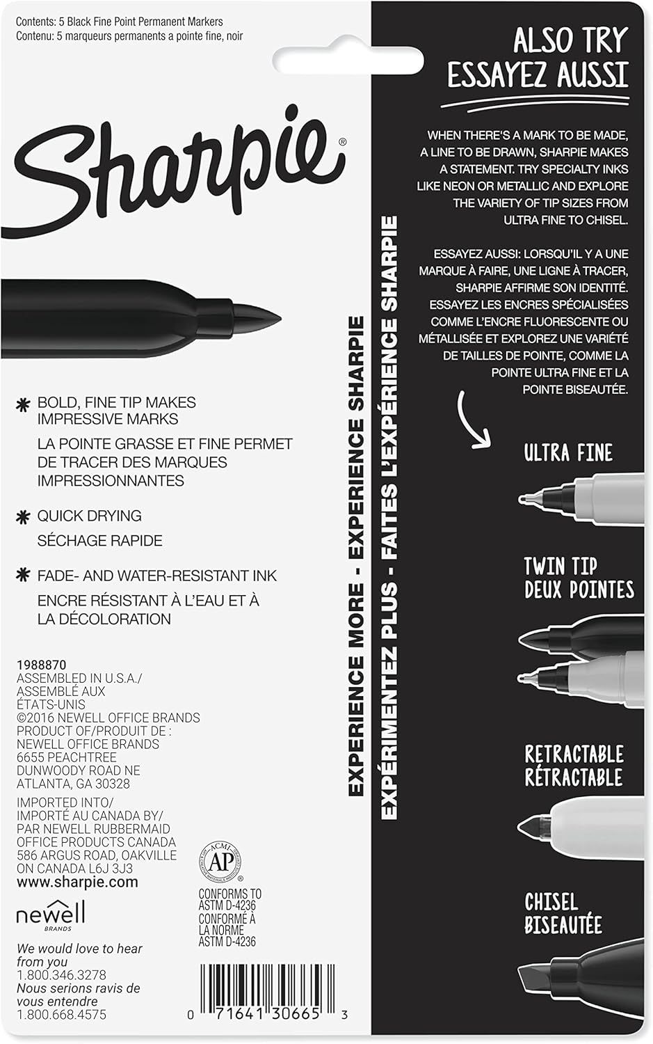 Communicates multiple key product benefits in a segmented layout to help shoppers understand the marker's performance features and quality. Reinforces the Sharpie brand and showcases the variety of…