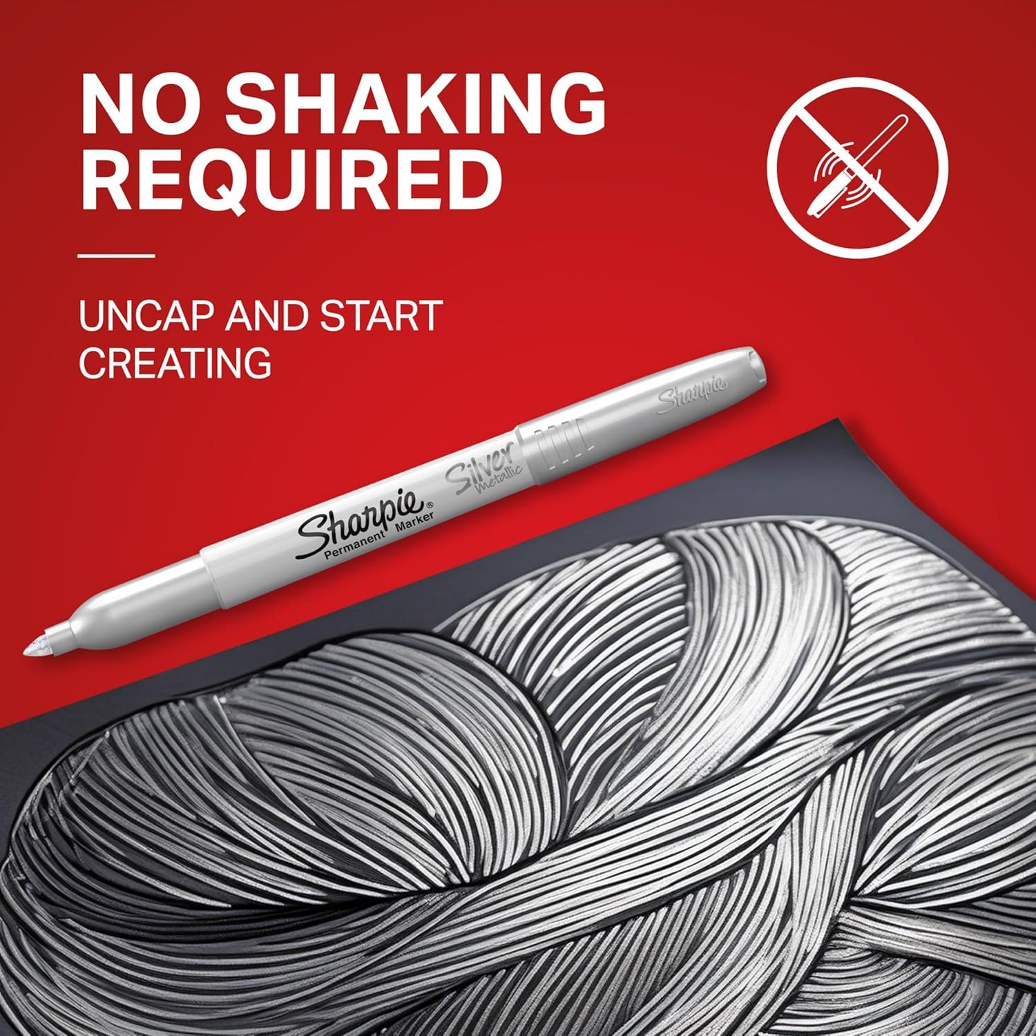 Communicates the convenience benefit that the marker is ready to use immediately without shaking, making it faster and easier for the shopper.