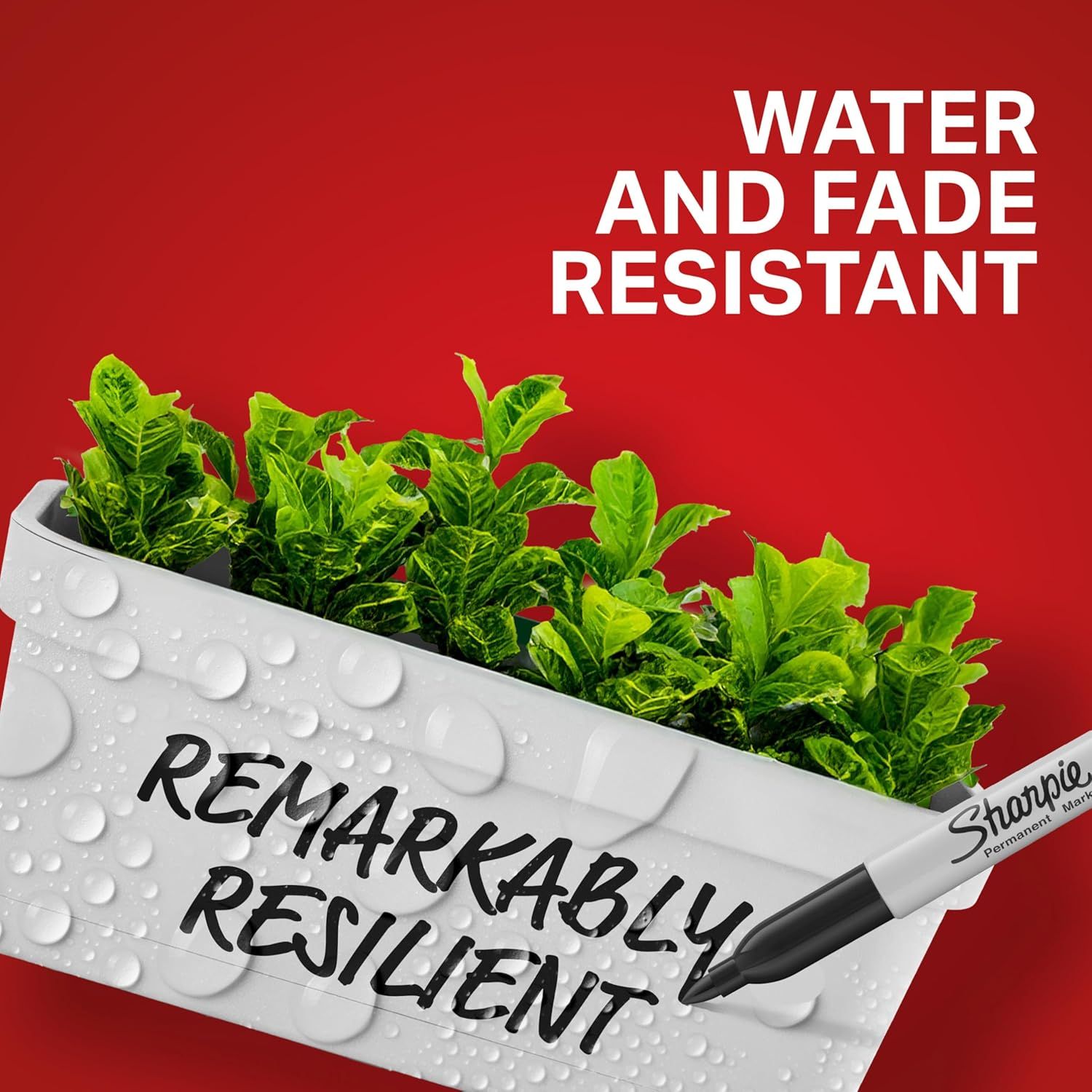Communicates that the Sharpie permanent marker is durable and resilient, capable of withstanding water and fading, making it reliable for long-lasting writing.