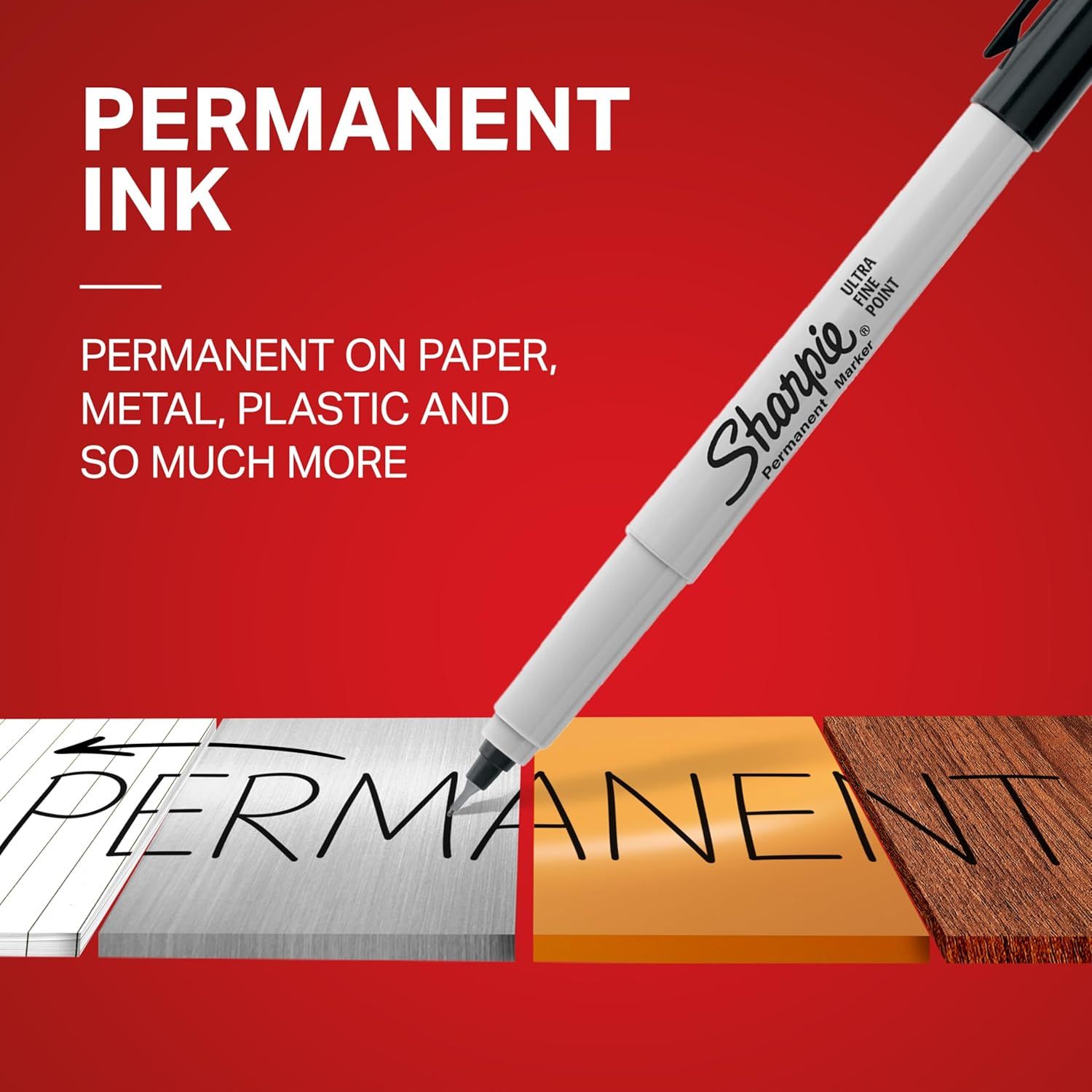Demonstrates the marker's versatility by showing it works permanently on multiple surfaces including paper, metal, plastic, and wood, reassuring shoppers of its wide range of uses. Highlights the…