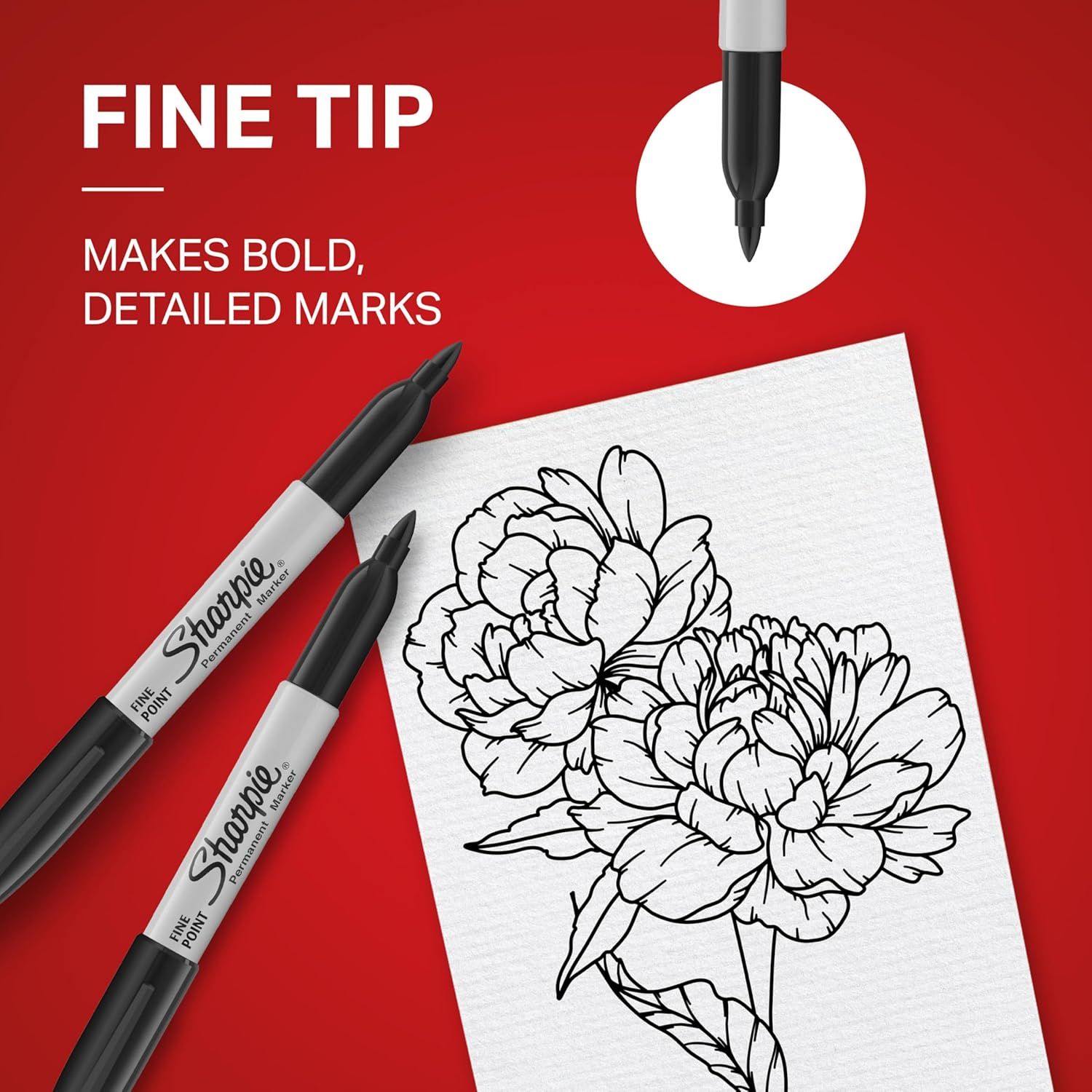 Highlights the fine tip feature of the Sharpie marker, demonstrating its ability to create bold, detailed marks for precise drawing and writing.