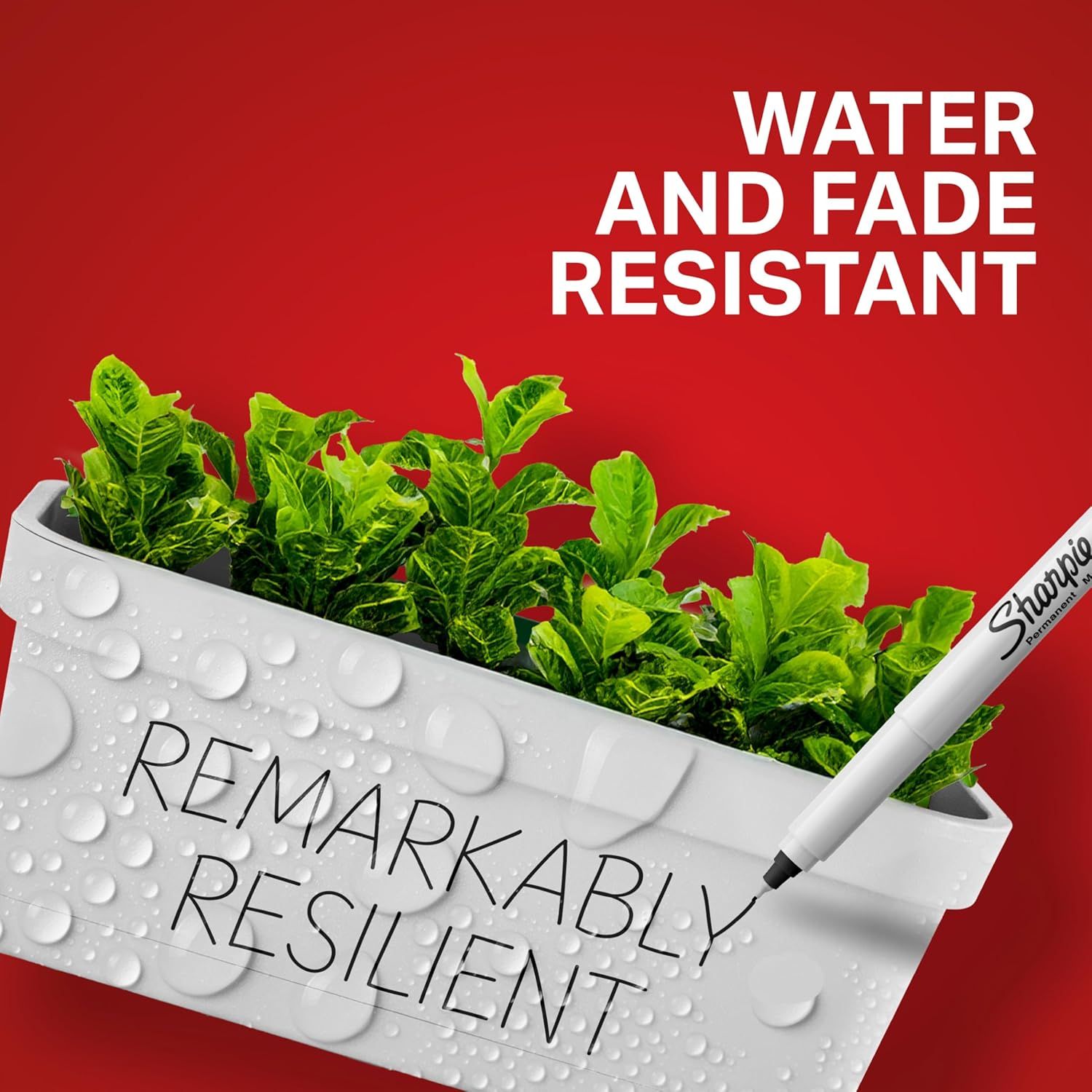 Communicates that the product (Sharpie marker) is water and fade resistant, demonstrating its durability and reliability for long-lasting writing even in wet conditions.