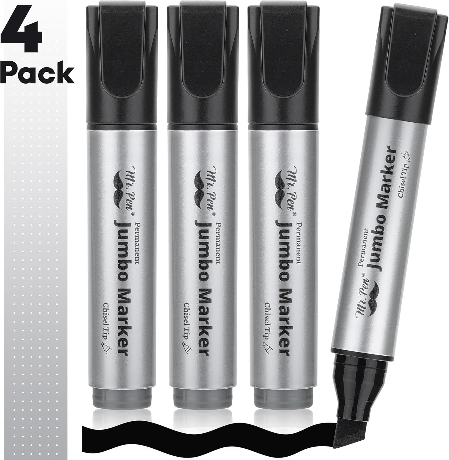 Shows the customer they will receive four jumbo markers with chisel tips in this purchase, clearly displaying the quantity and what's included in the package.