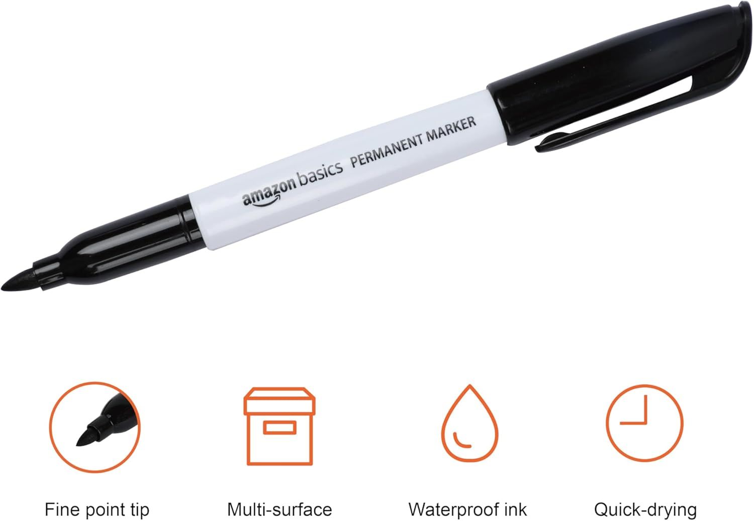 Communicates four distinct product benefits in a segmented icon layout to help shoppers quickly understand the markers key features and performance advantages.