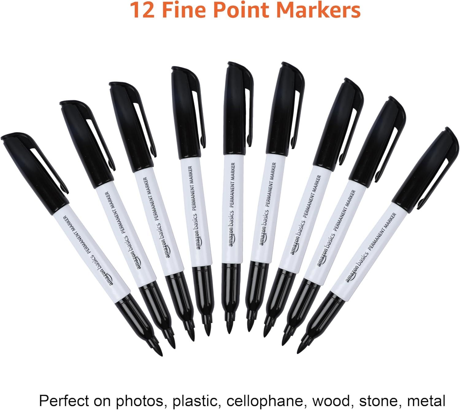 Shows the complete set of 12 markers included in the purchase and highlights their versatility across multiple surfaces (photos, plastic, cellophane, wood, stone, metal).