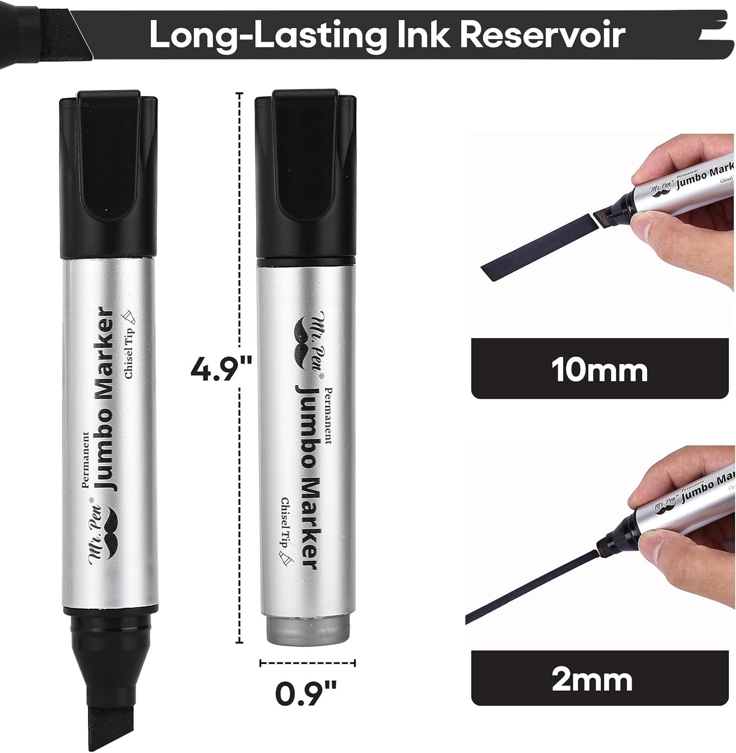 Communicates the physical size of the marker (4.9 inches length, 0.9 inches width) and demonstrates the line width capabilities (10mm and 2mm) to help shoppers understand the product's scale and…