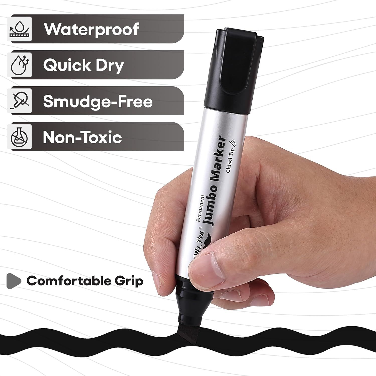 Communicates multiple key benefits of the jumbo marker in a segmented layout, reassuring shoppers about its performance features (waterproof, quick-drying, smudge-free), safety (non-toxic), and…