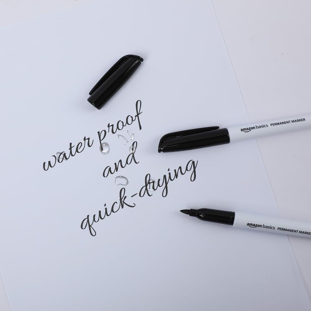 Communicates two key product benefits - waterproof ink and quick-drying properties - to reassure shoppers the markers are practical and reliable for various uses.