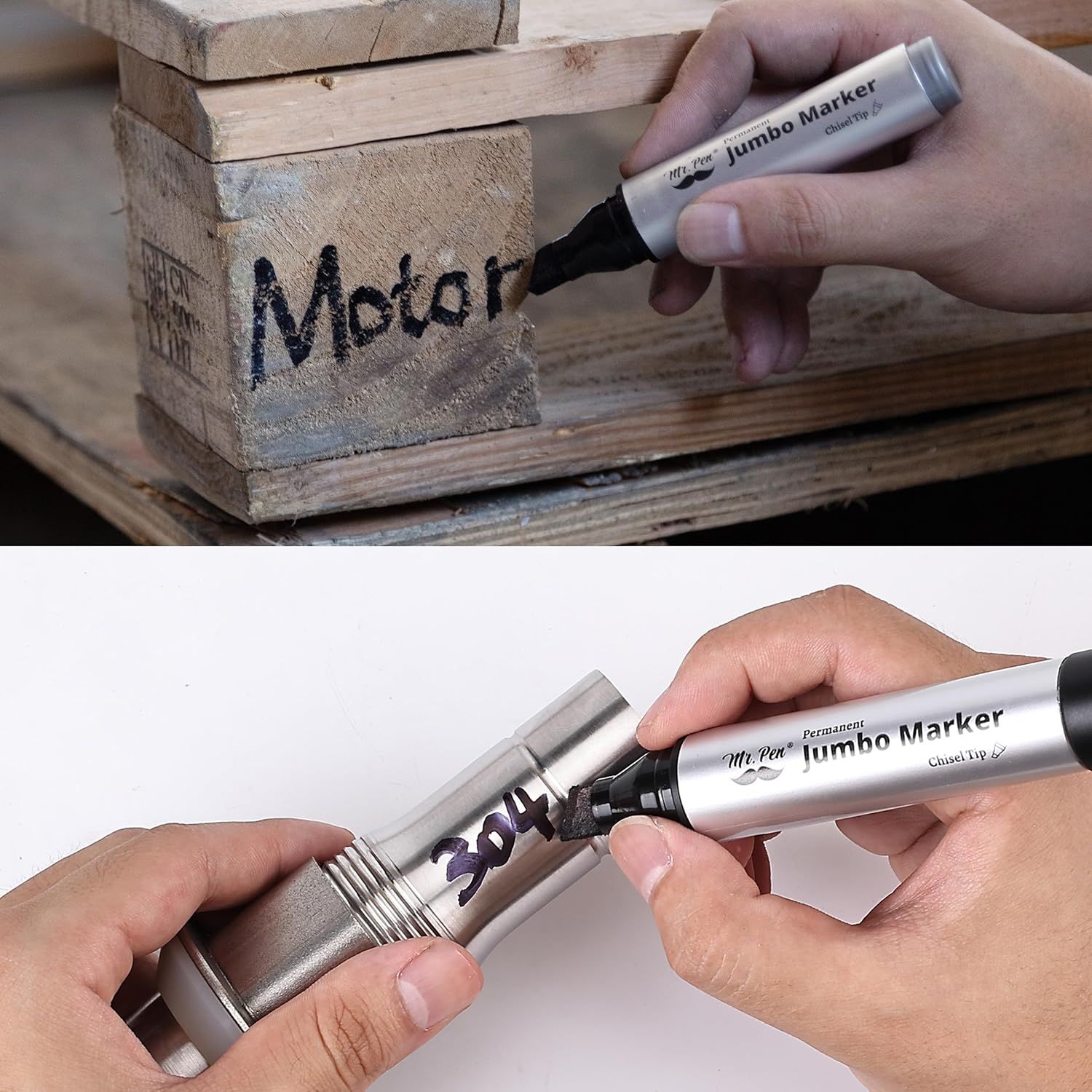 Demonstrates the marker's versatility by showing it can write on multiple different surfaces (wood and metal), reassuring shoppers it works across various materials and use cases.