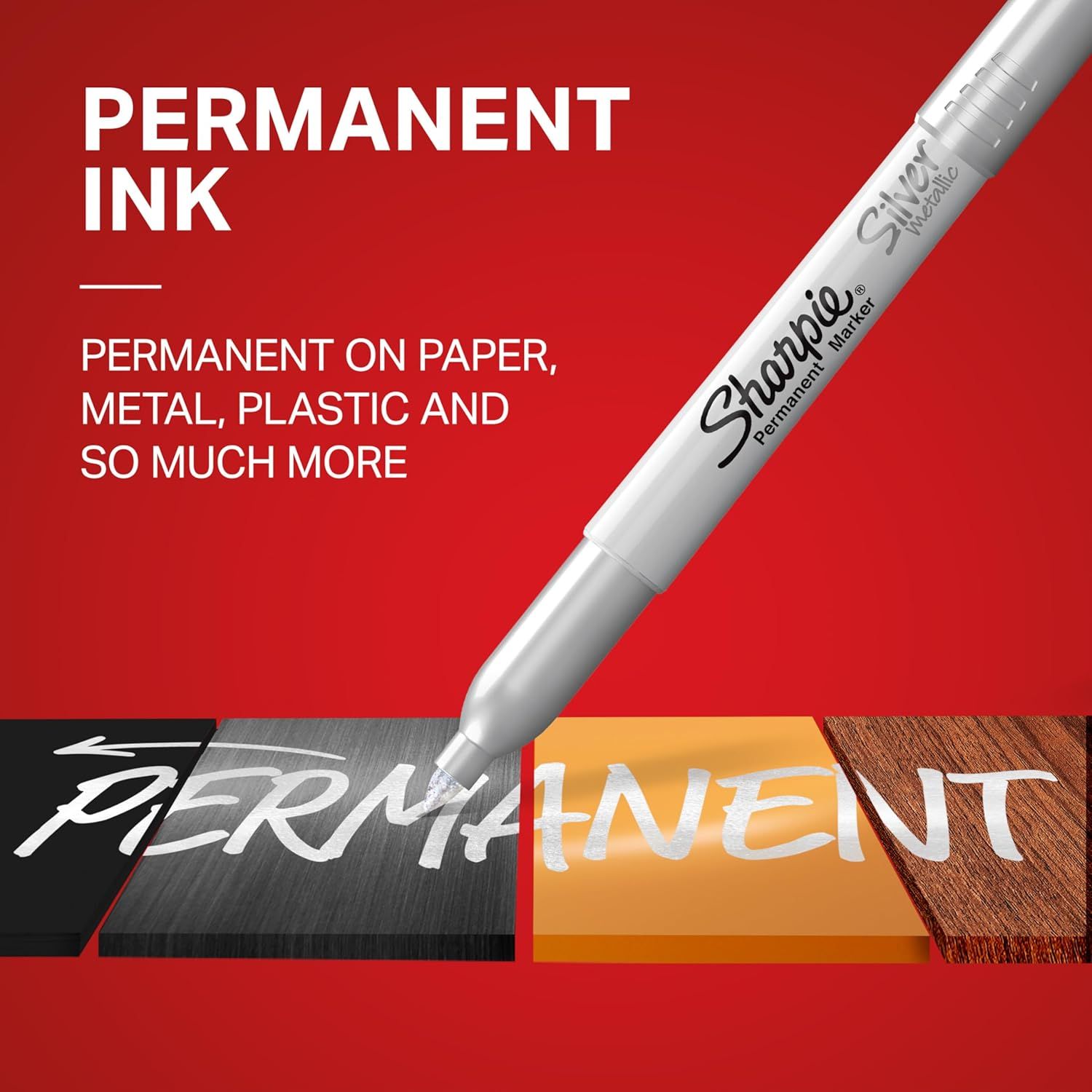 Demonstrates that the Sharpie marker works on multiple surfaces including paper, metal, plastic, and wood, reassuring shoppers of its versatility and wide range of uses. Highlights the permanent ink…
