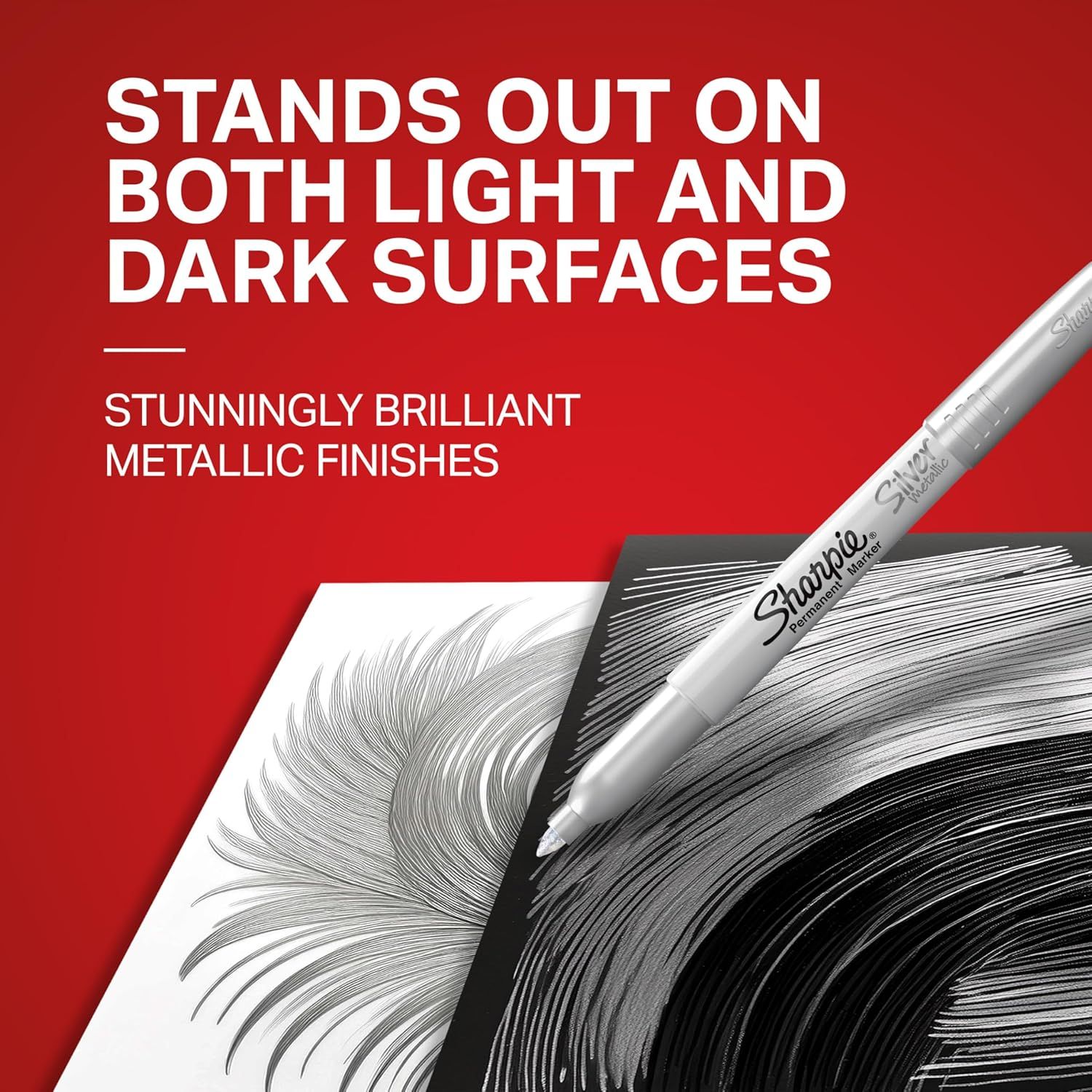 Communicates that the Sharpie marker produces brilliant metallic finishes that stand out on both light and dark surfaces, reassuring shoppers of its versatility and visual impact.