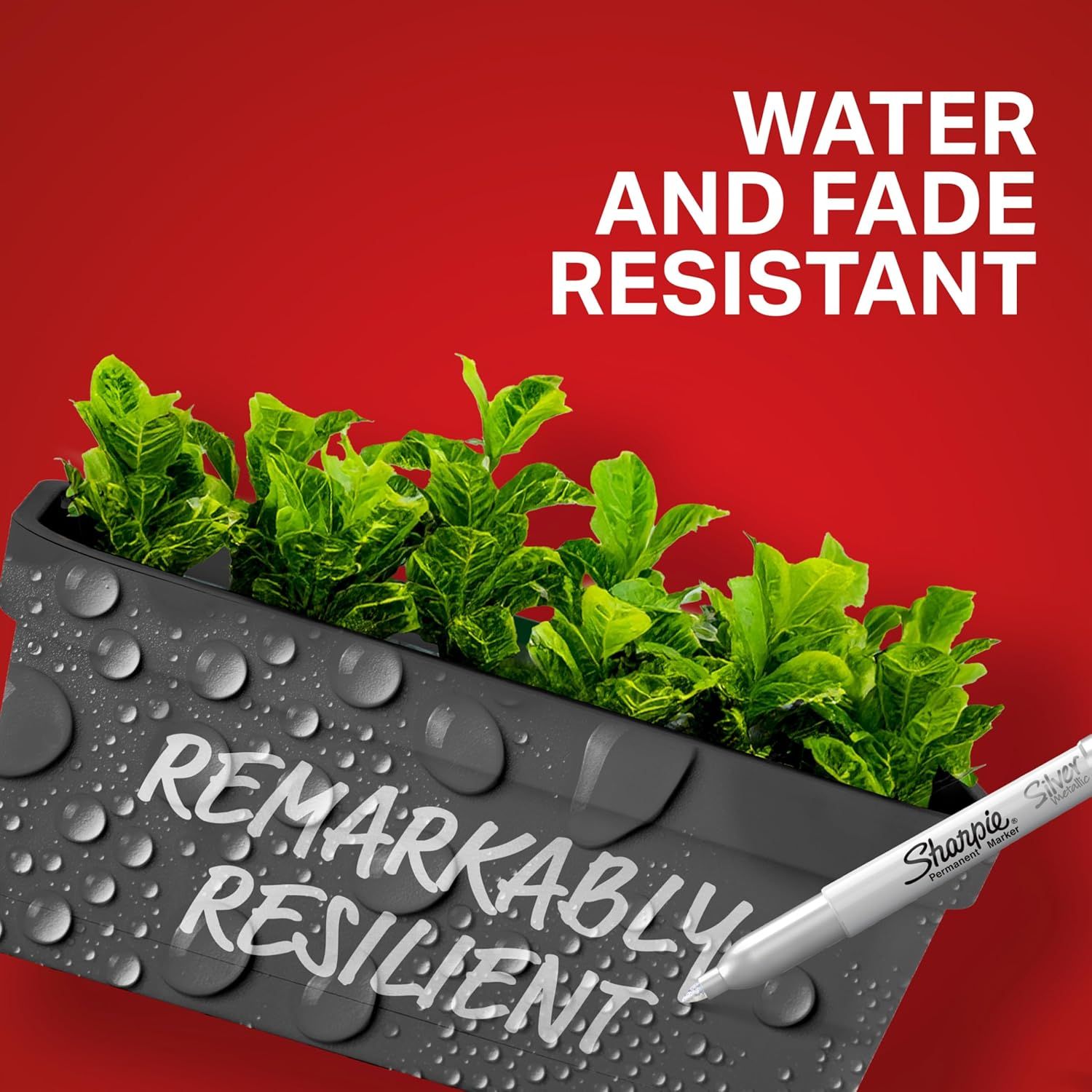 Communicates that the product is water and fade resistant, demonstrating durability and resilience through visual proof of water beading on the surface.
