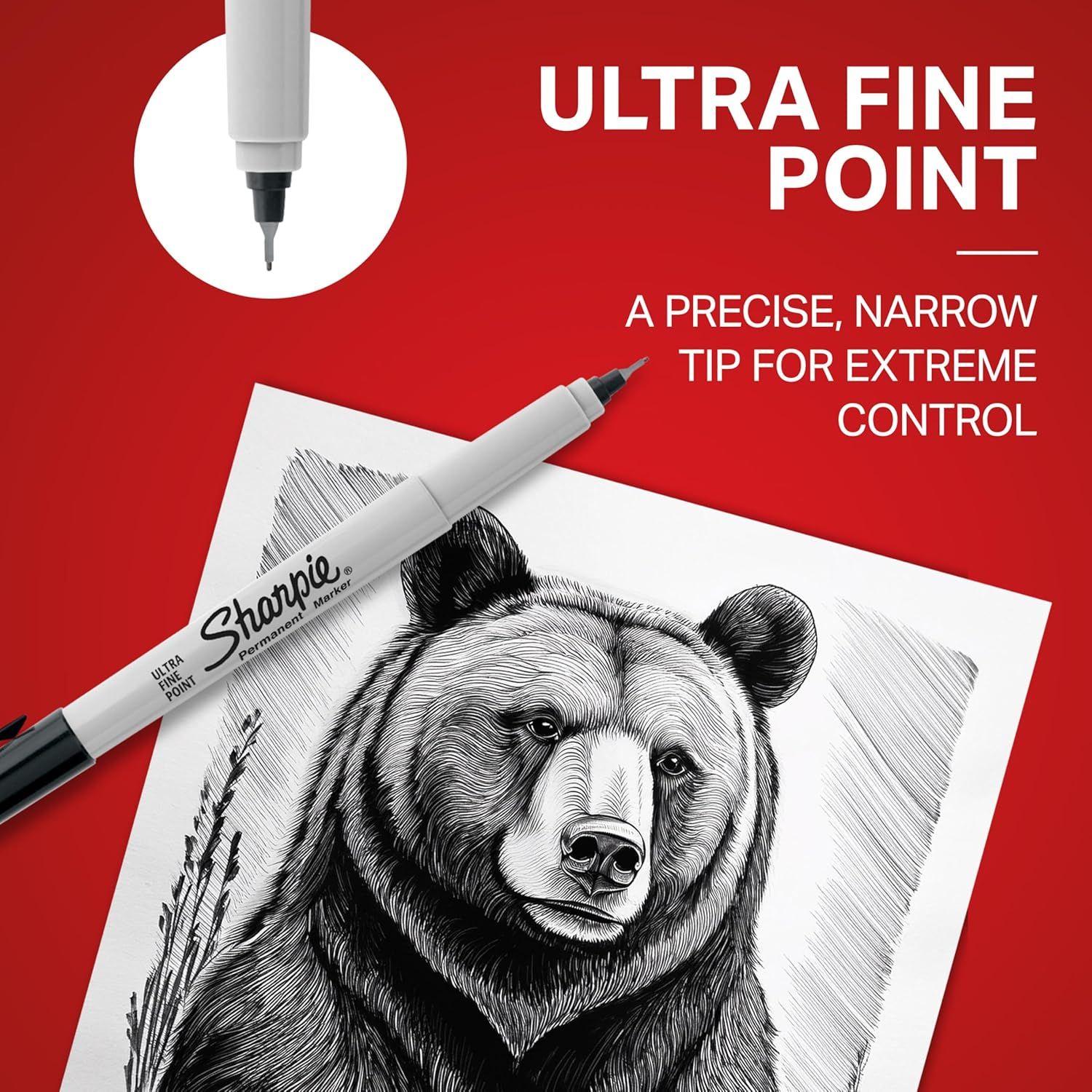 Highlights the marker's ultra fine point and precision tip to communicate extreme control and detailed drawing capability, appealing to artists and professionals who need precise line work.