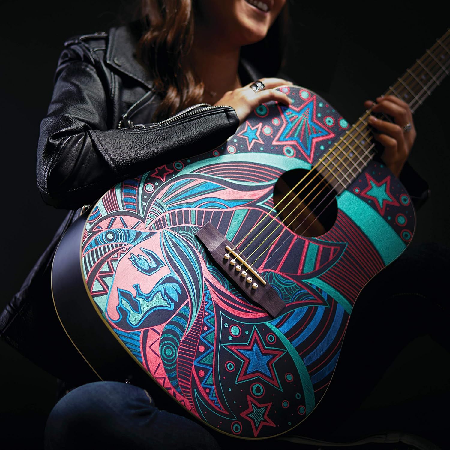 Showcases the guitar's unique artistic design in a real-world lifestyle context, appealing to musicians who value creative expression and individuality.