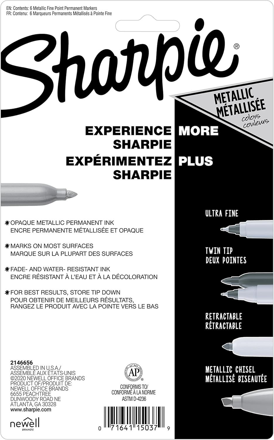 Showcases the Sharpie brand's metallic marker product line, displaying different tip types (Ultra Fine, Twin Tip, Retractable, Metallic Chisel) to help shoppers understand the variety of options…