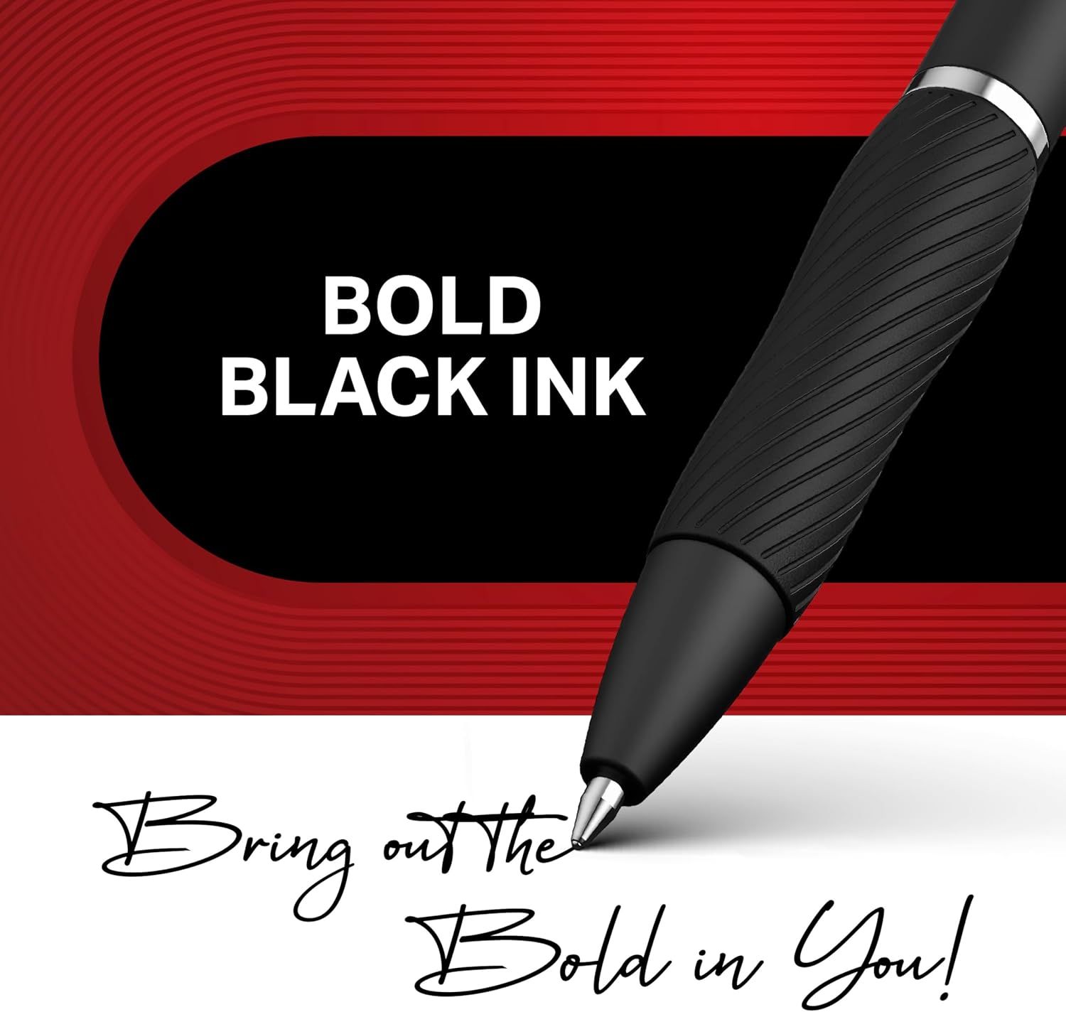 Highlights the pen's bold black ink quality to communicate clear, strong writing performance and inspire confidence in the product's core function.