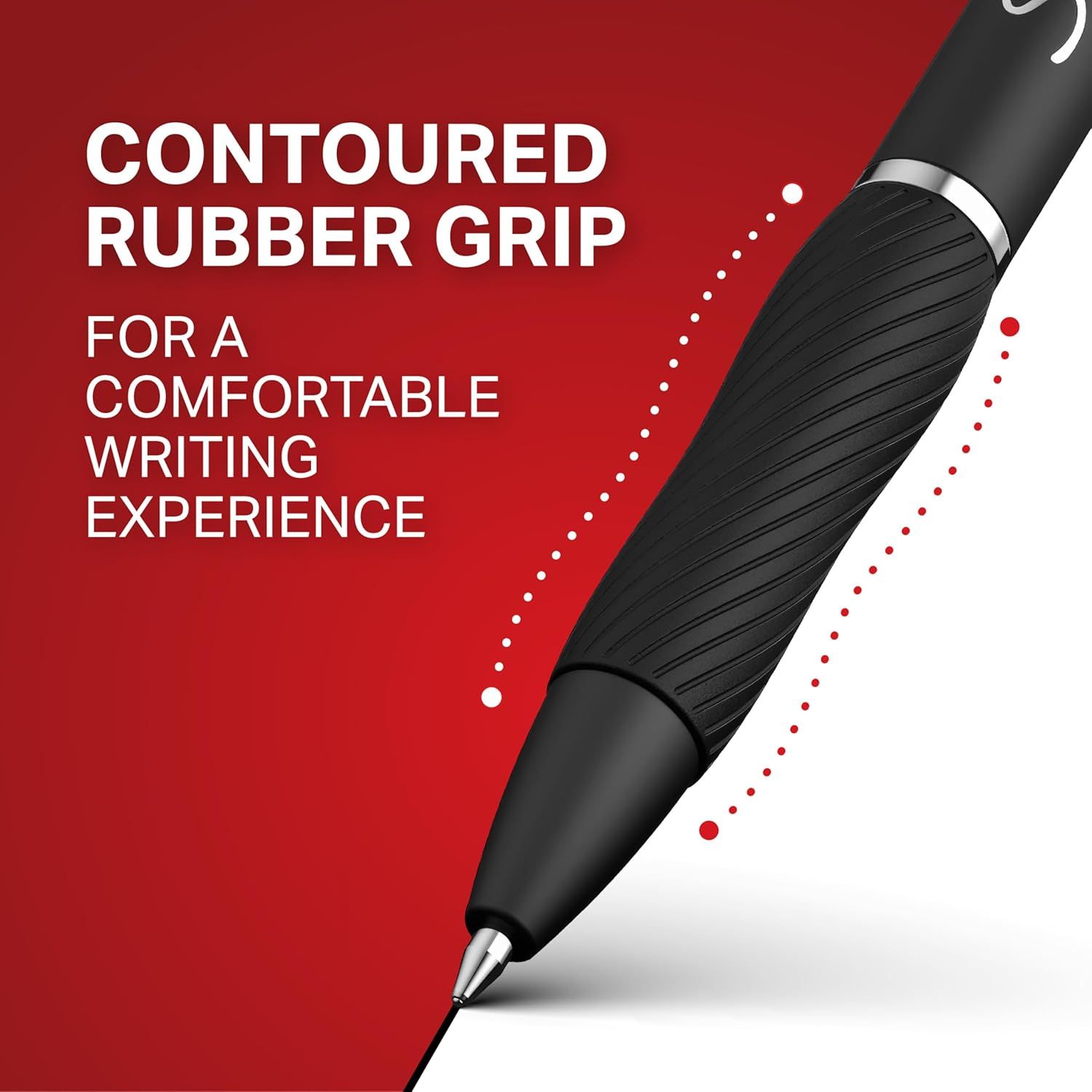 Highlights the pen's ergonomic rubber grip feature with a visual callout to show shoppers the physical component that provides writing comfort. Communicates the comfort benefit of the contoured…