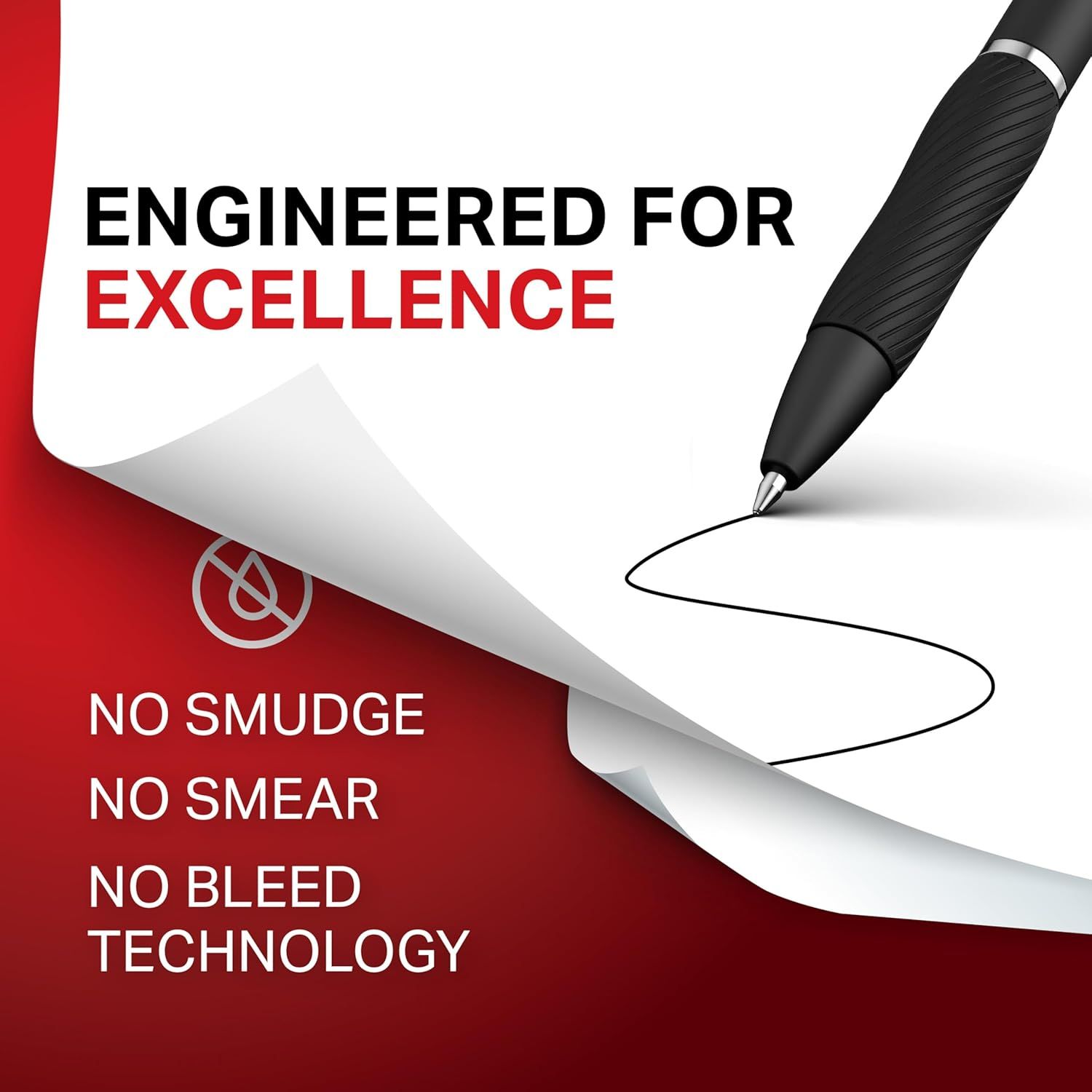 Communicates multiple distinct benefits of the pen's ink technology to reassure shoppers that the pen delivers clean, professional writing performance without common ink issues.