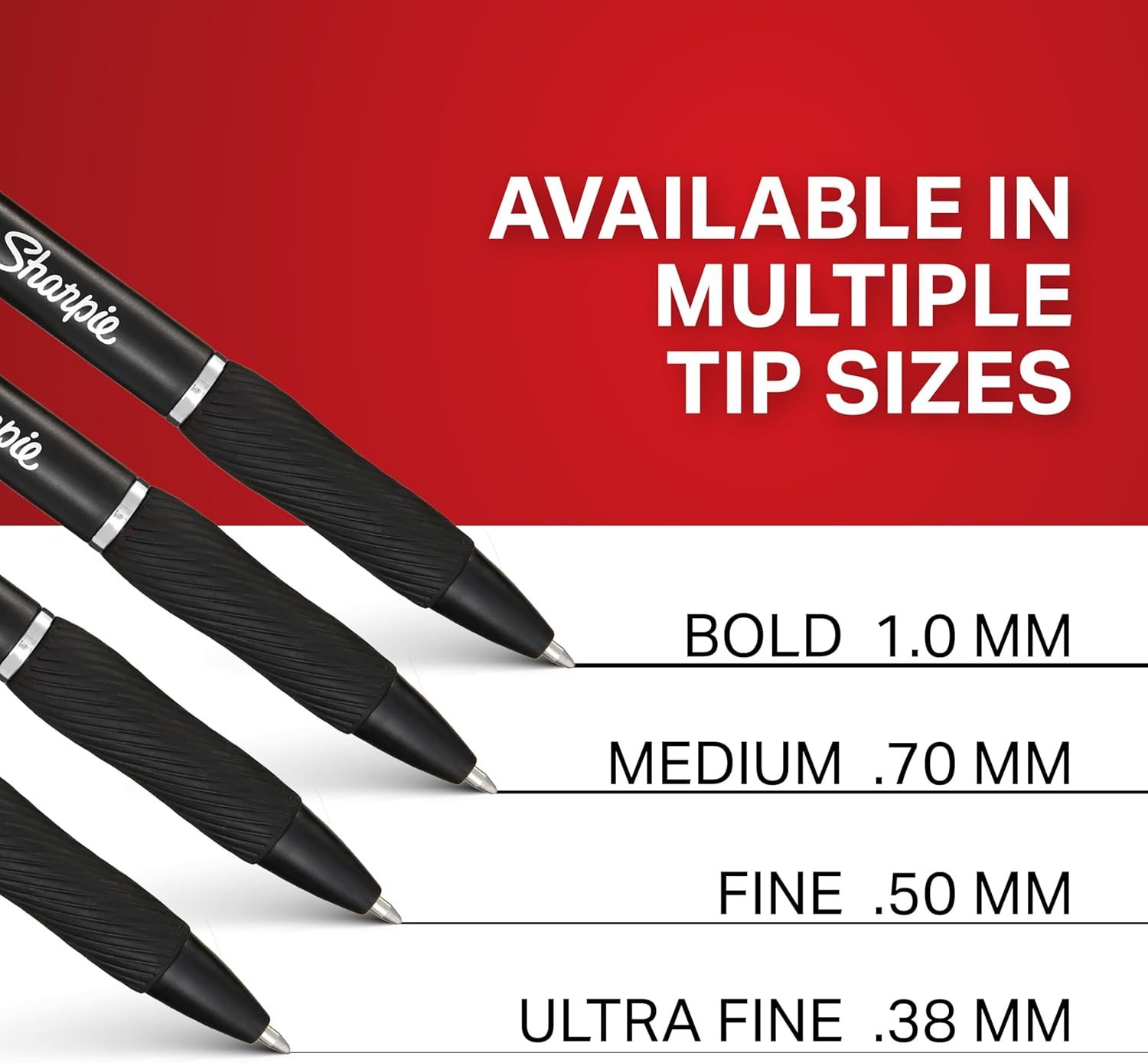 Shows shoppers the different tip size options available within the Sharpie product line, helping them choose the right variant for their needs.