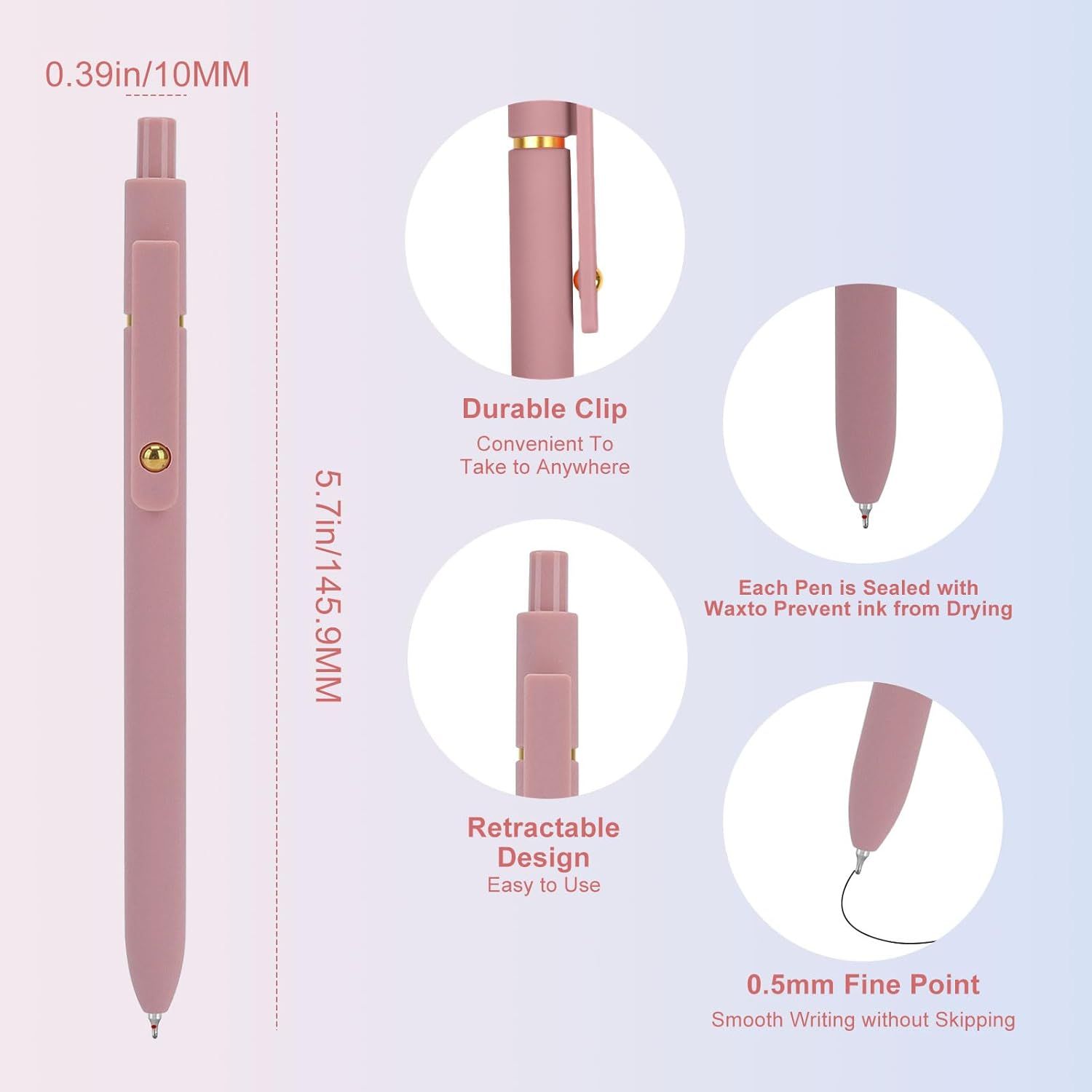 This image breaks down the pen's key physical features and design elements—clip portability, retractable mechanism, wax seal for ink protection, fine point tip, and exact dimensions—to help shoppers…