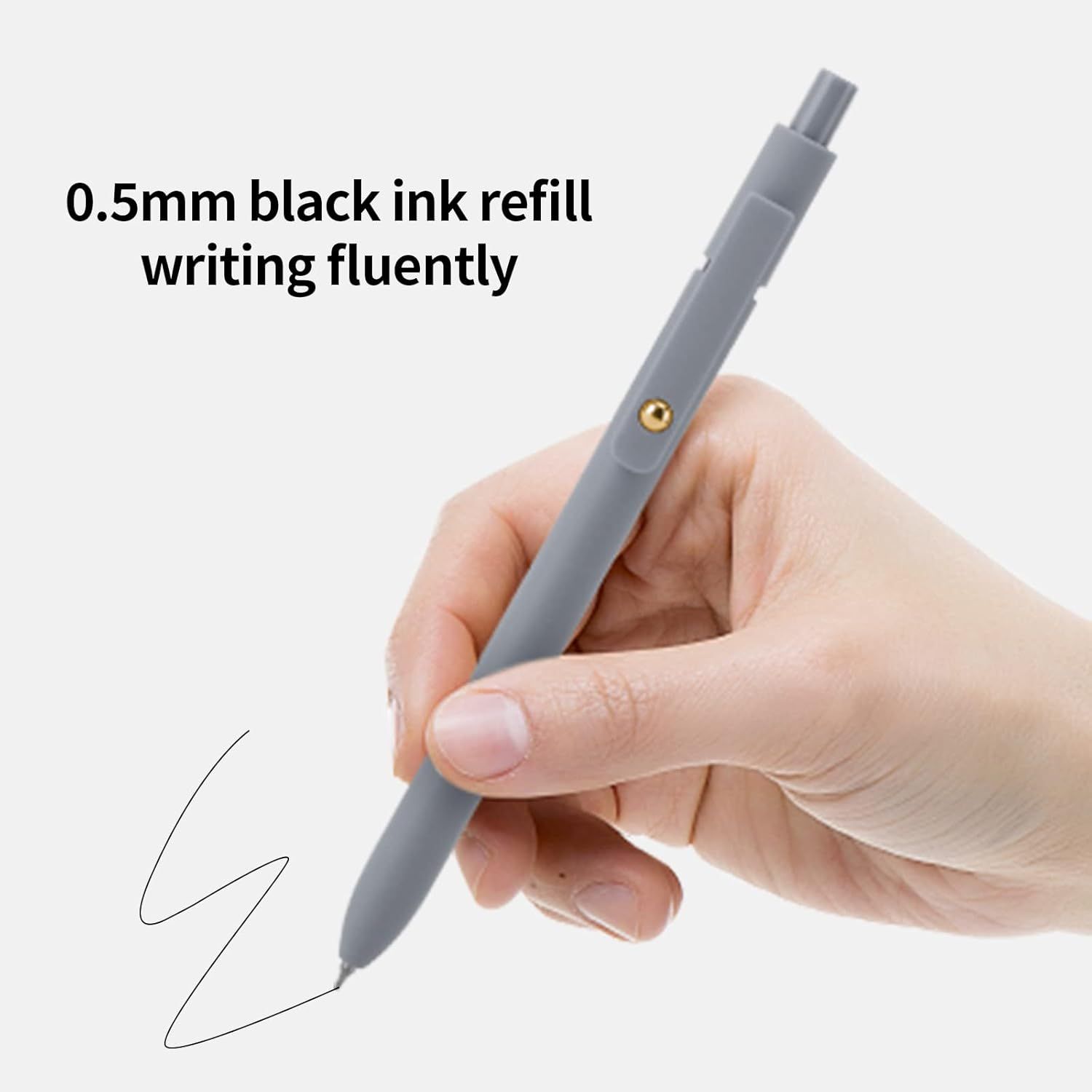 Highlights the pen's 0.5mm black ink refill and smooth writing capability to reassure shoppers of quality writing performance.