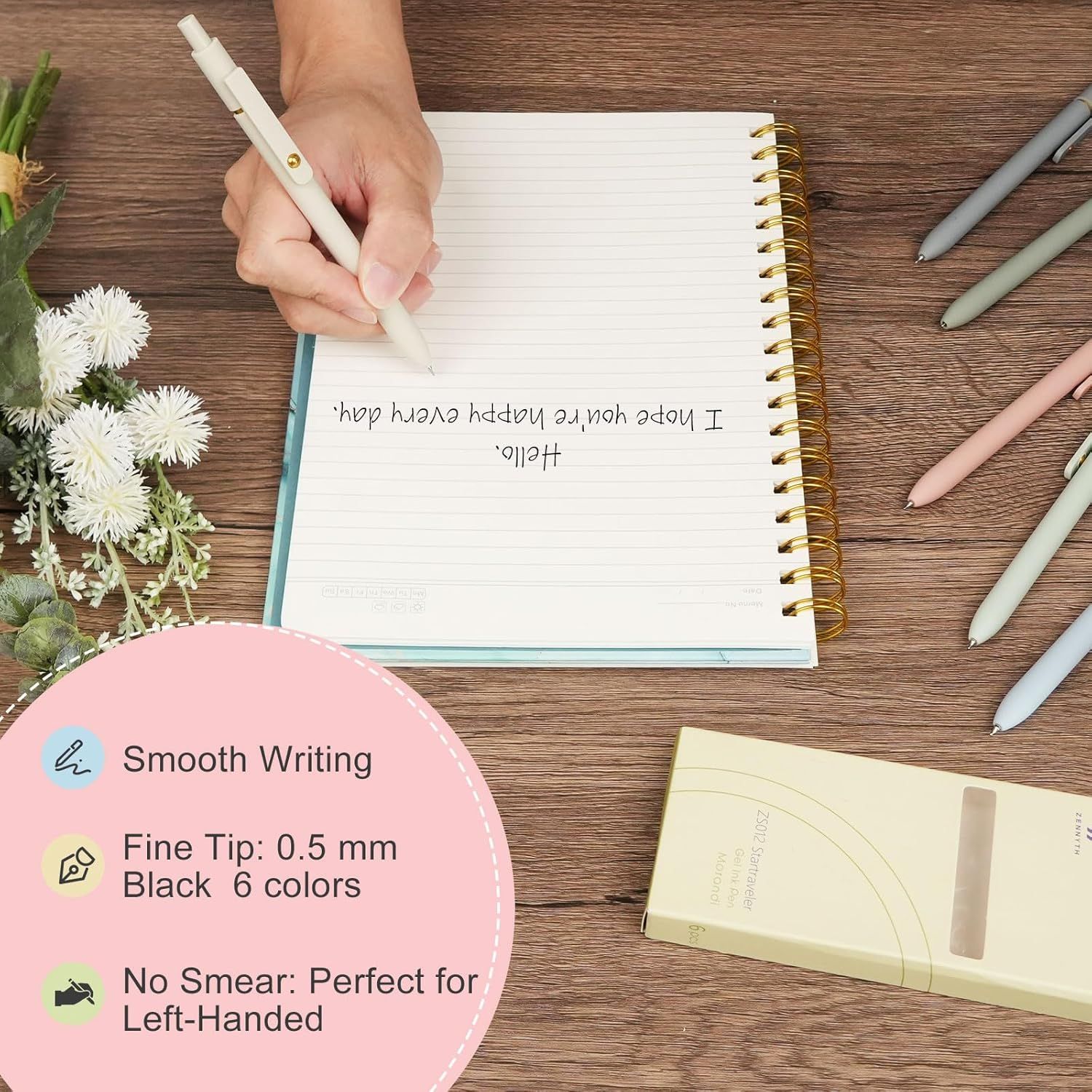 Highlights multiple distinct benefits of the pen product including smooth writing quality, precise tip size, color options, and left-handed compatibility to appeal to various shopper needs.